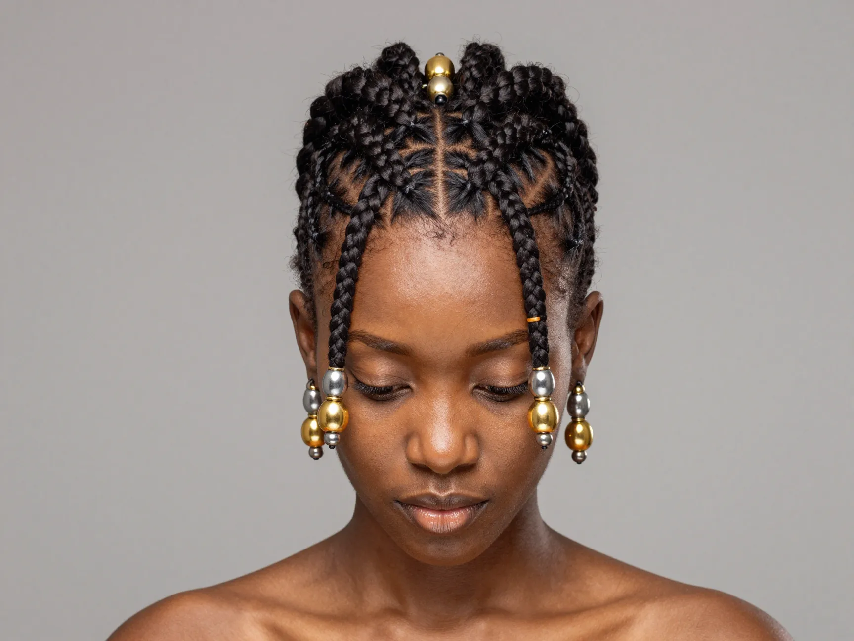 Fulani inspired cornrows with center braid beads and side loops