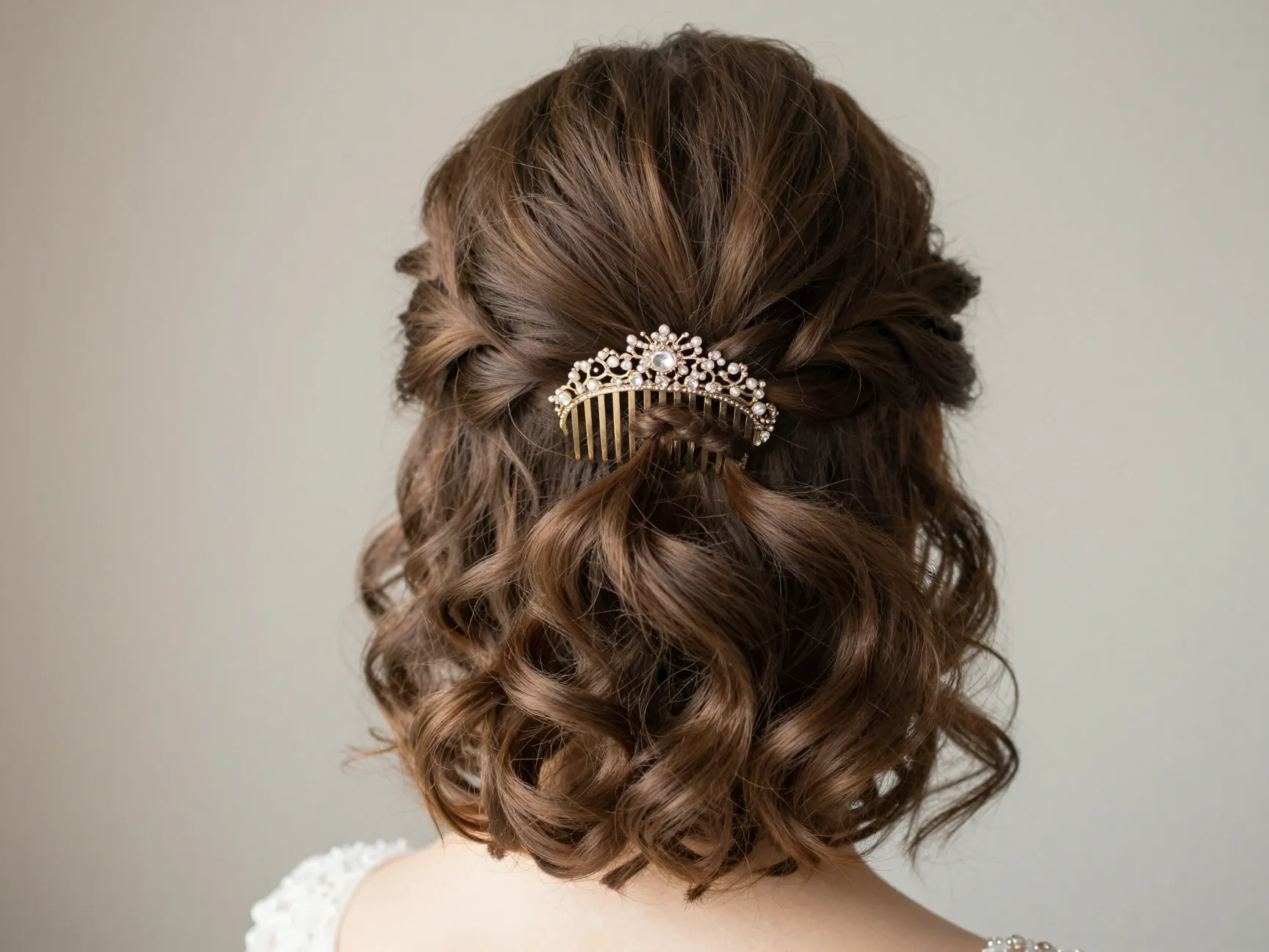 Half up twisted lob with decorative comb and soft curls