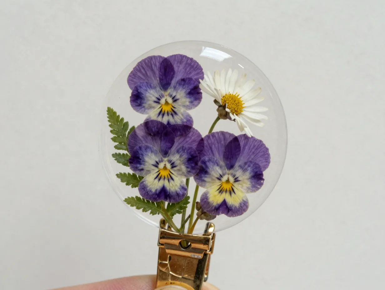 Pressed pansy daisy dried flower cluster clip on a gold alligator base