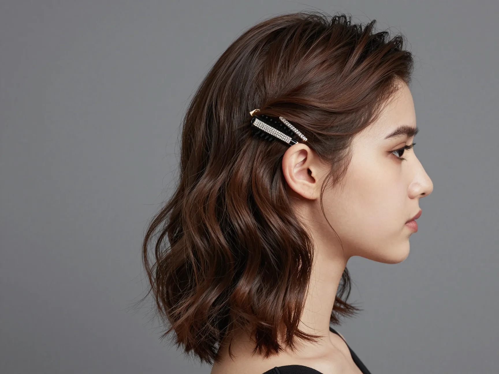 Side swept waves pinned behind ear for medium length prom hair