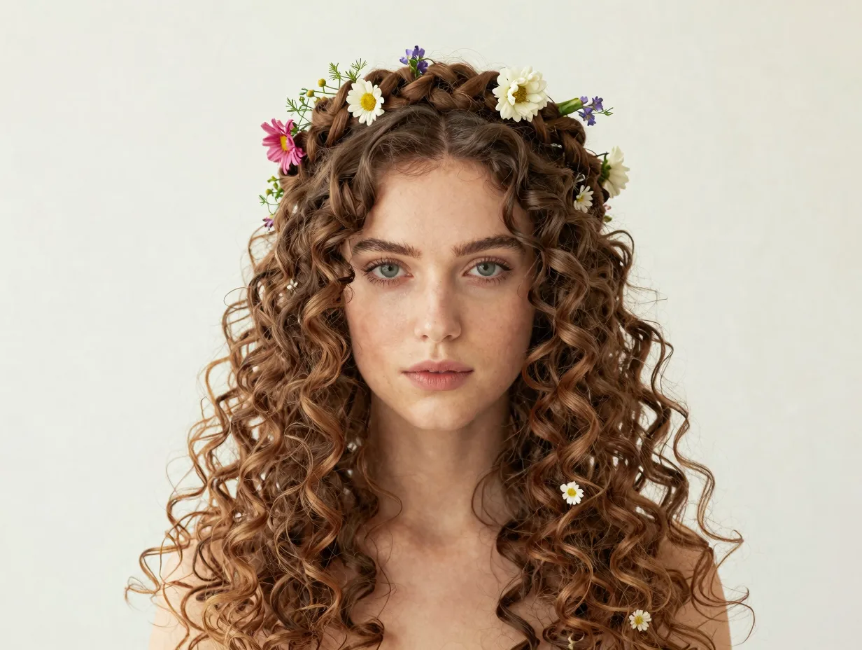 Whimsical curly headband braid halo with flowers and free falling curls