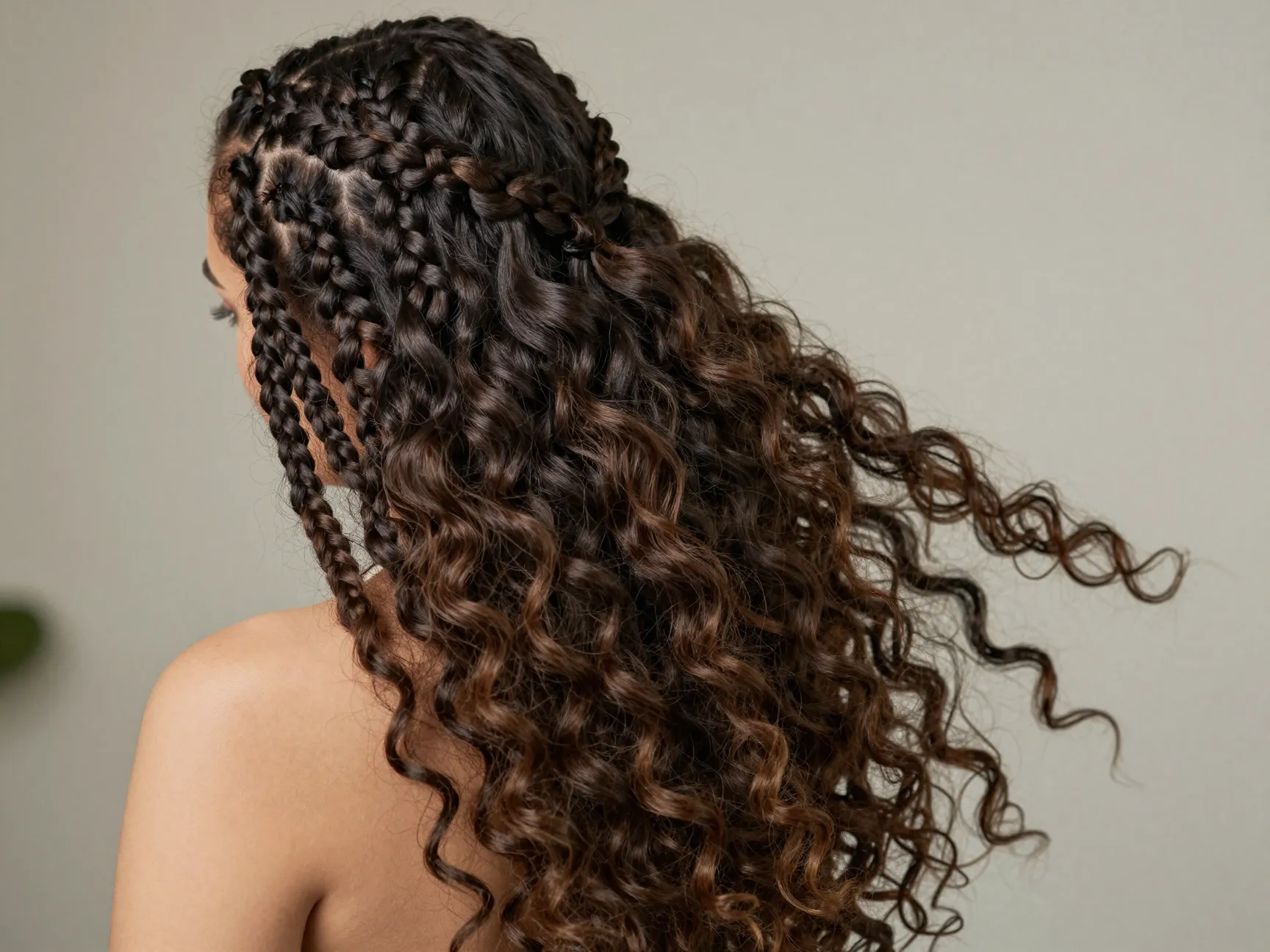 Goddess cornrows with human hair extensions and cascading curly ends