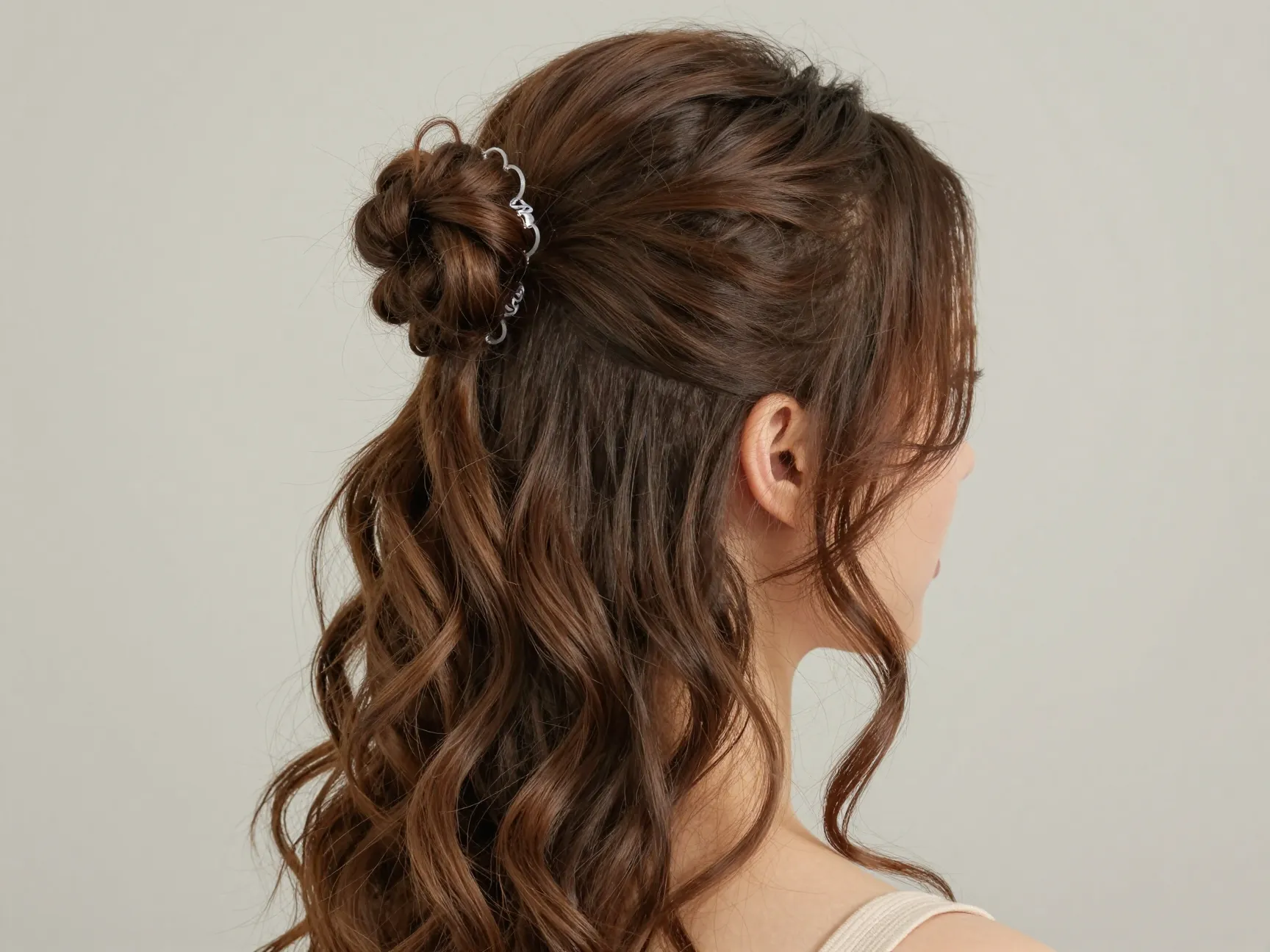 Half up half down prom hairstyle with flowing waves below