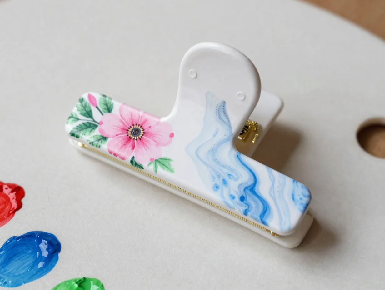 Hand painted floral geometric marble design on oversized white claw clip