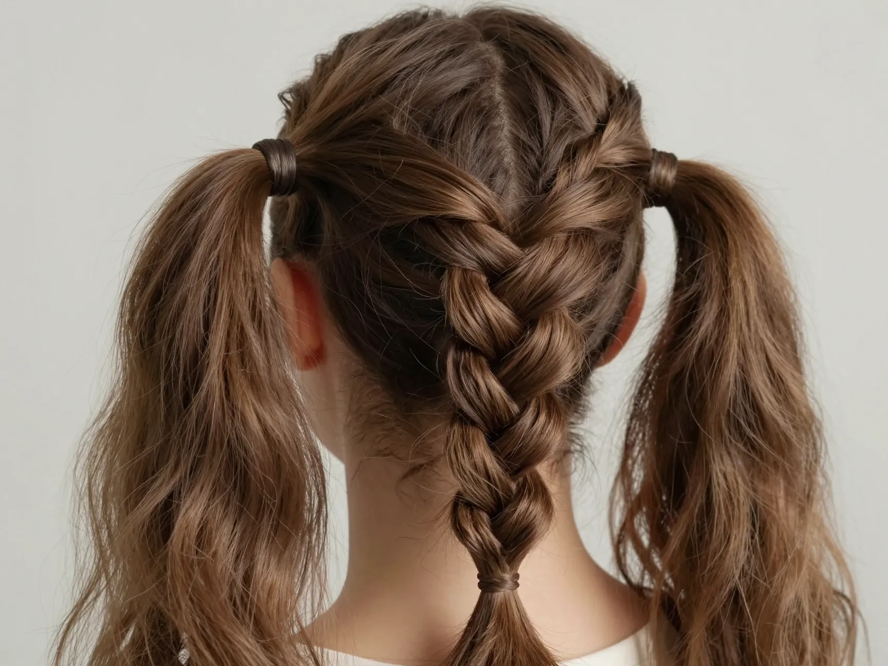 Pull through braid with ponytails looped and fluffed