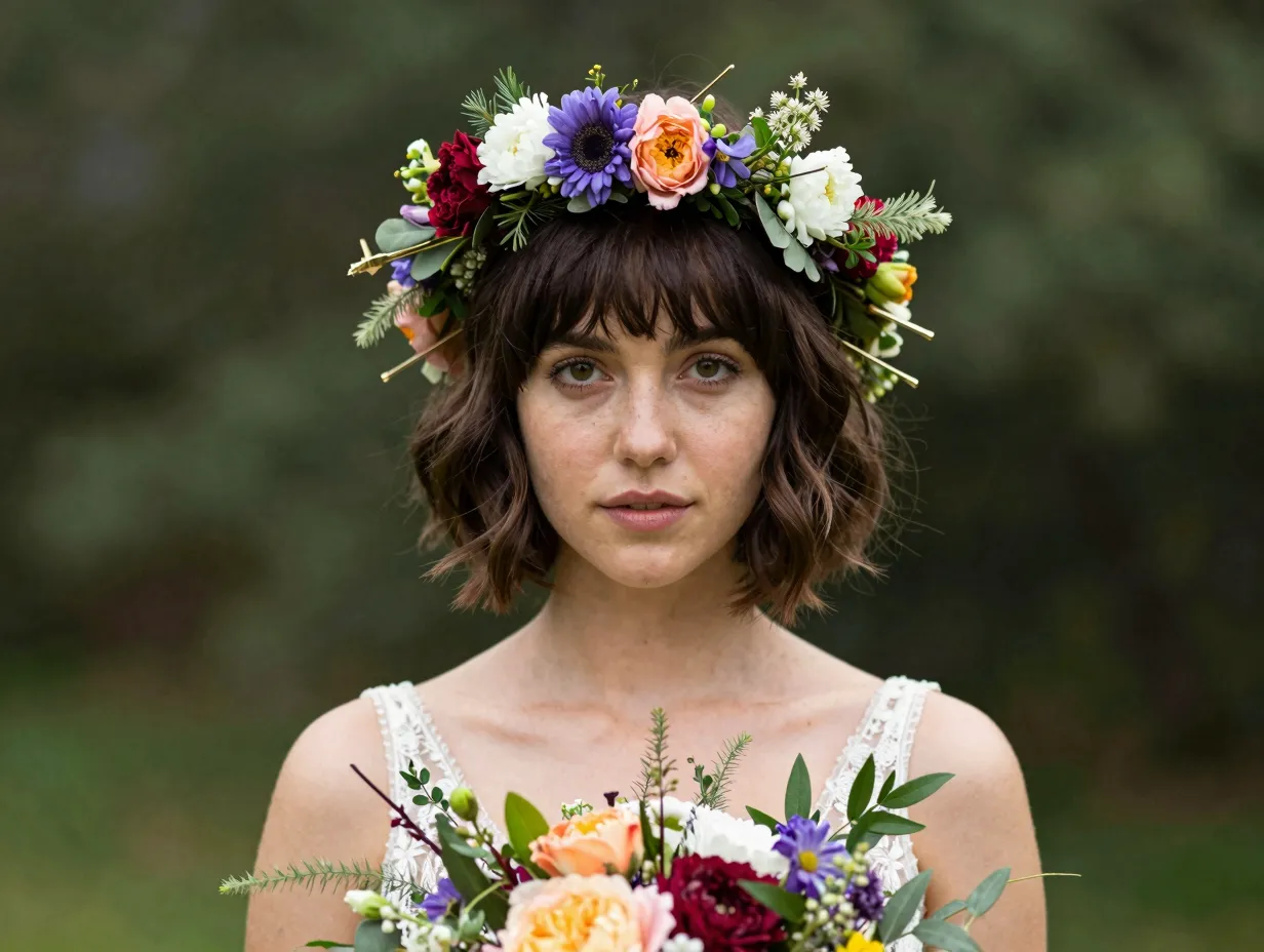 Short bob with a floral crown matching a boho wedding bouquet