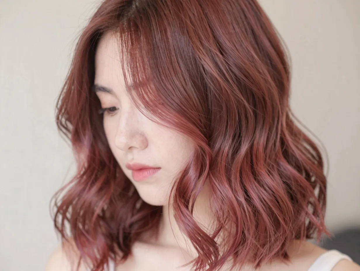 Soft mocha cherry balayage with romantic watercolor effect