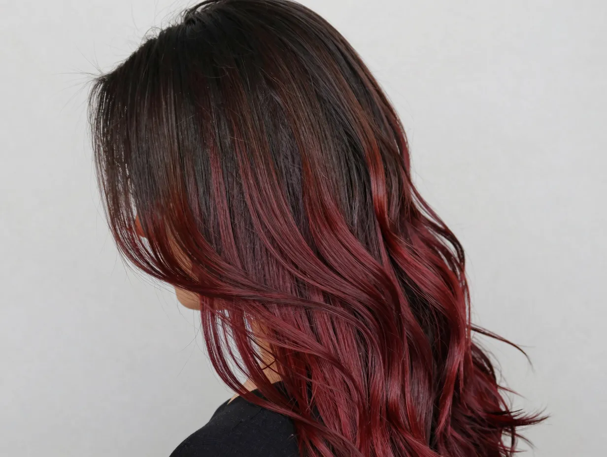 Dark cherry ombre balyage hybrid with structured gradient