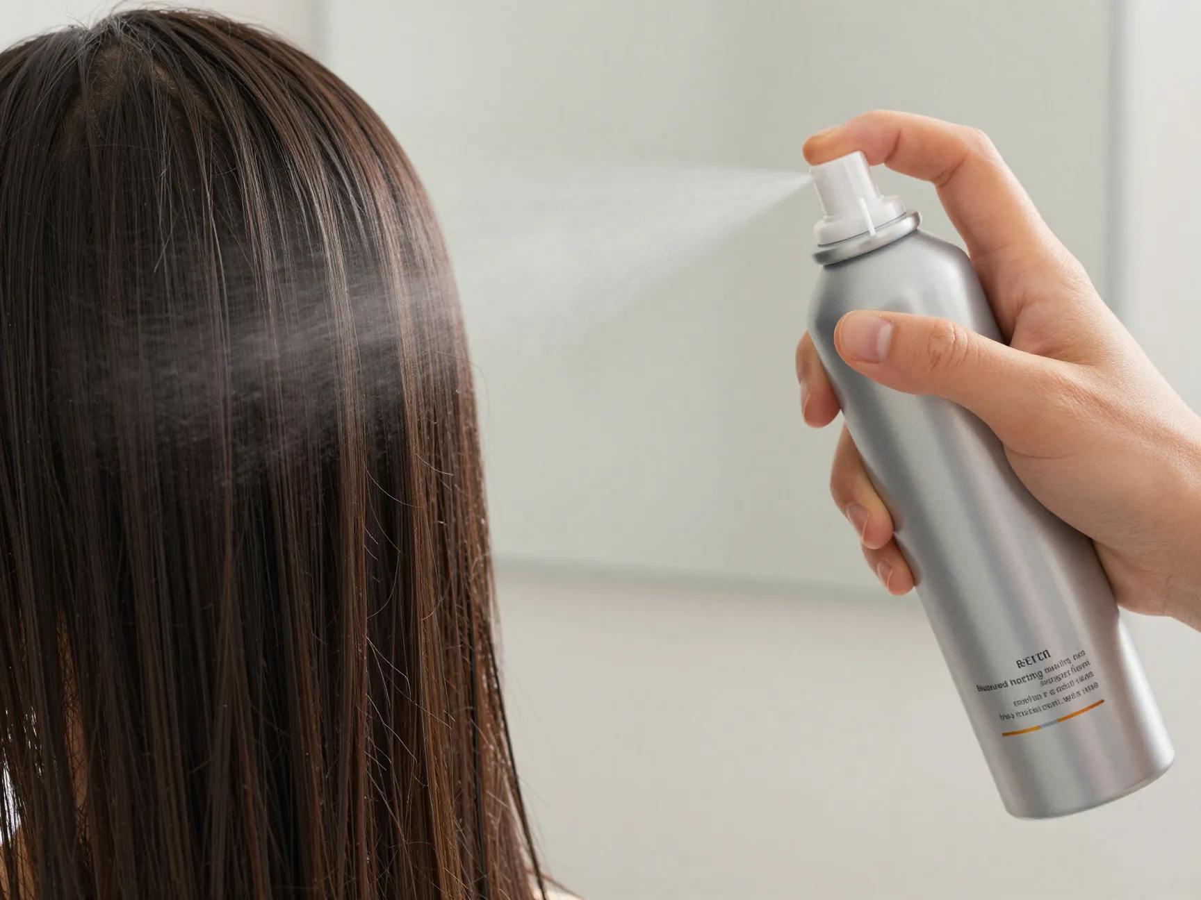 Heat protectant spray application on damp hair before styling