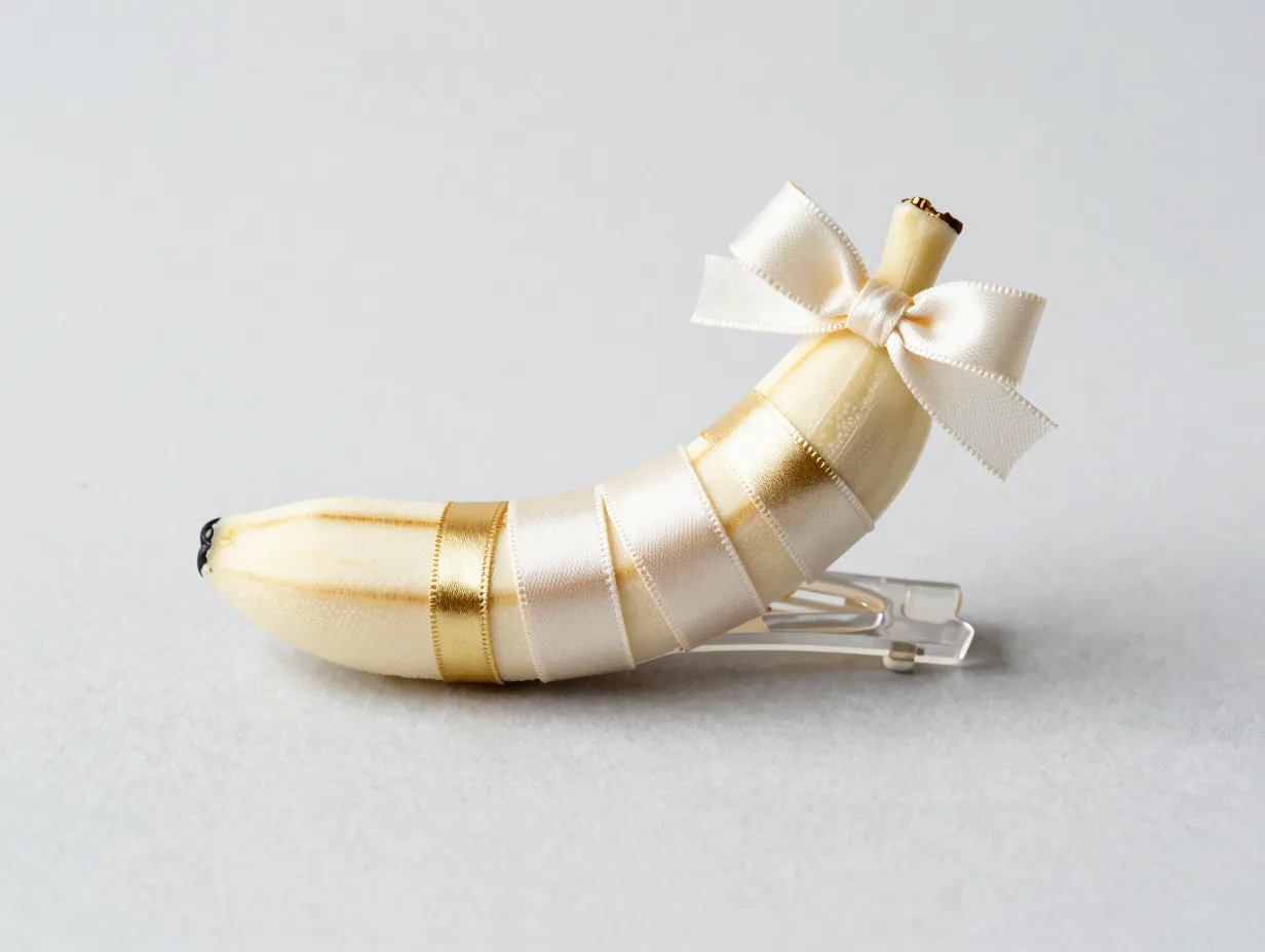 Ivory satin gold ribbon wrapped banana clip with small bow finishing flourish