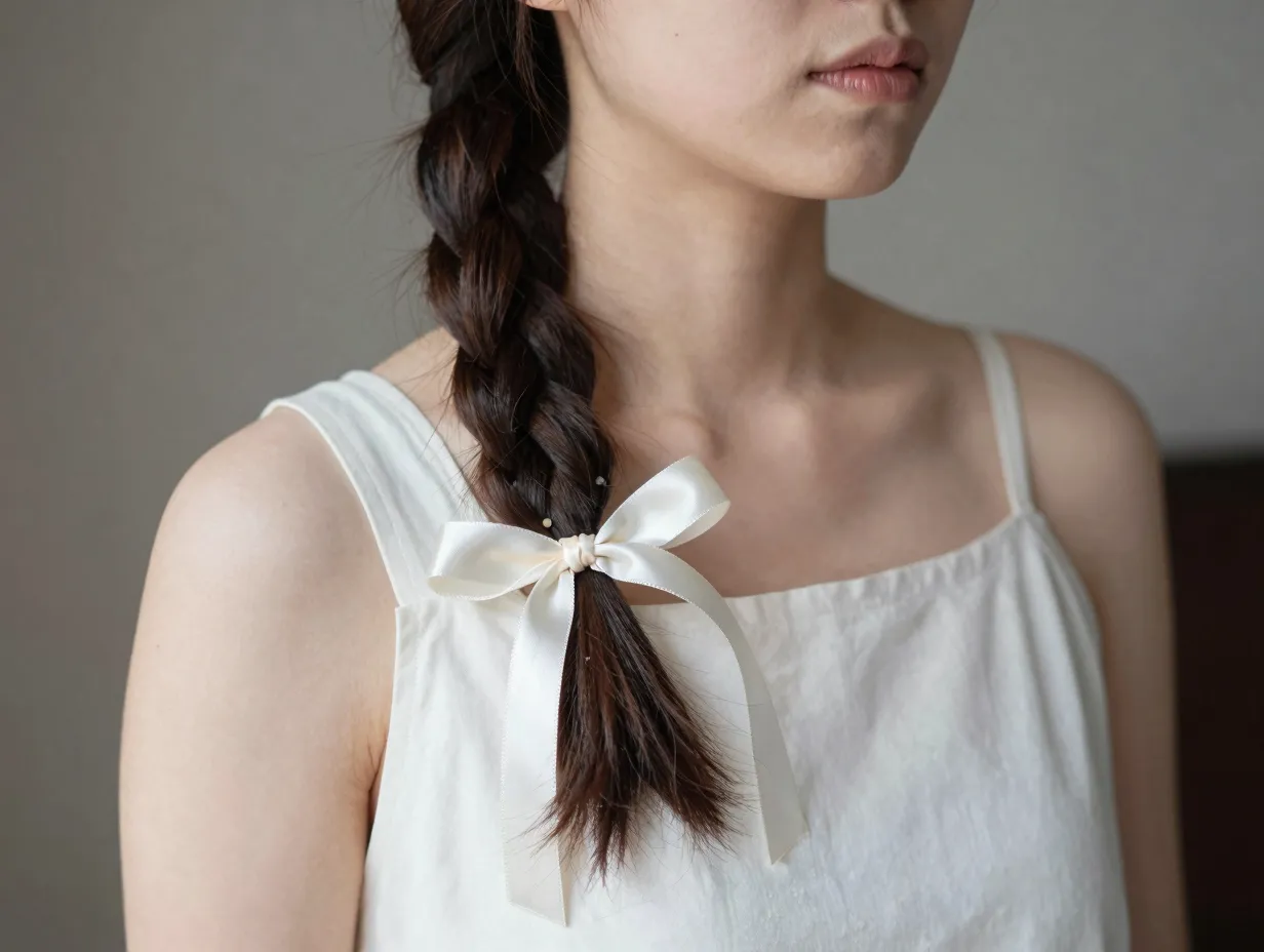 Side braid draped over shoulder with satin ribbon