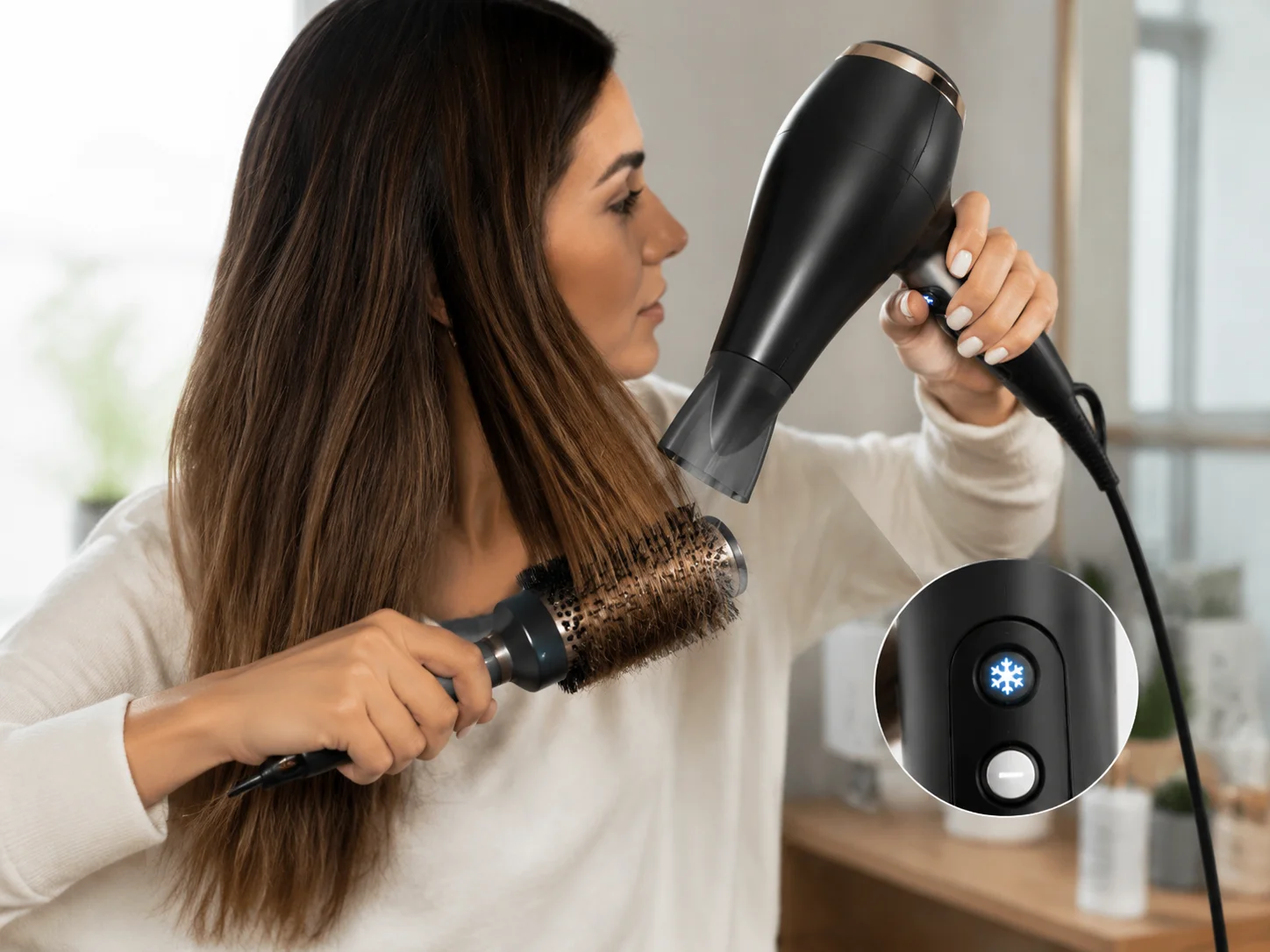 Blow drying low heat round brush cool shot button smooth