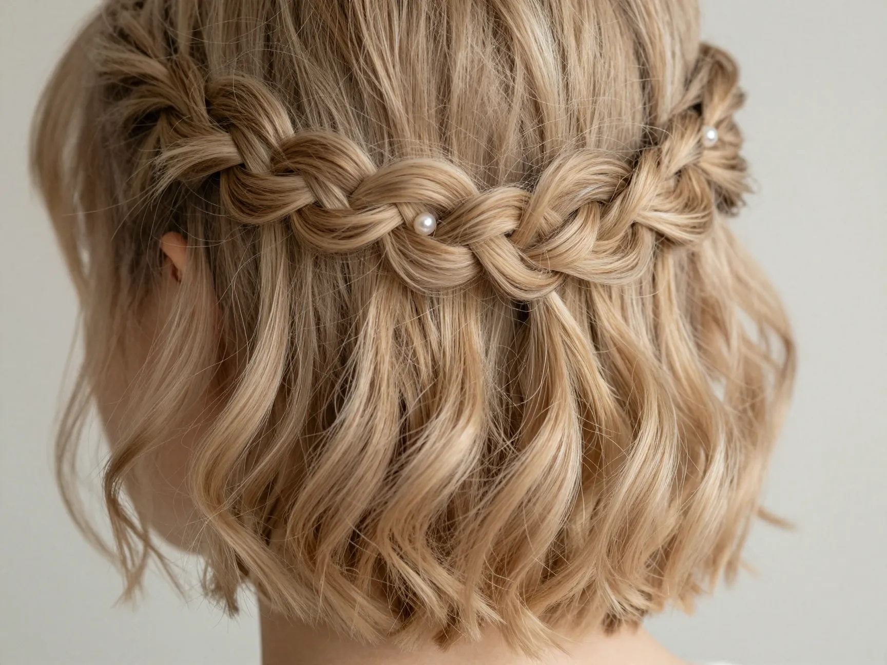 Bob with a delicate side french braid and contrasting soft waves