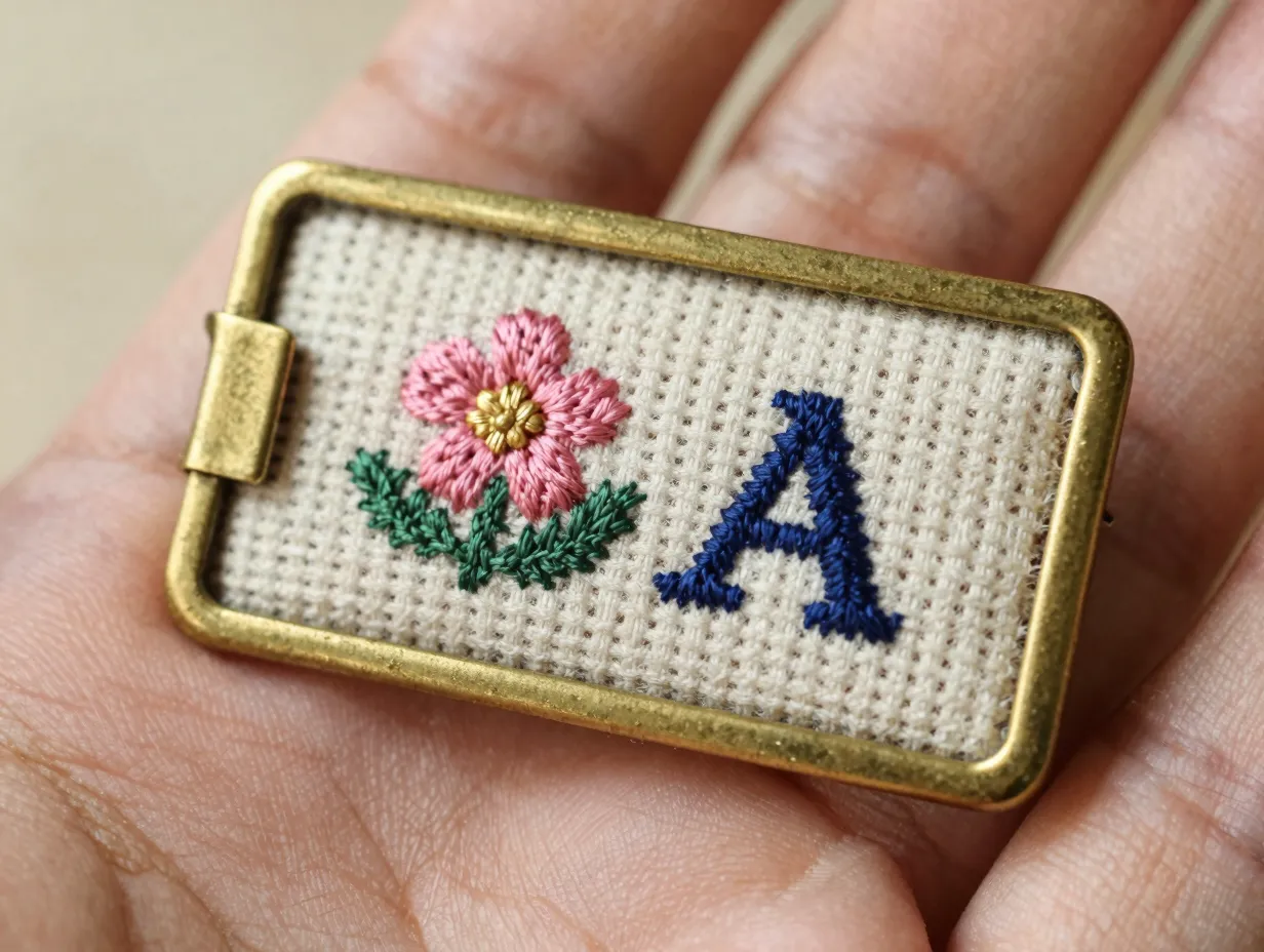 Mini embroidered floral monogram insert in brass open frame barette
