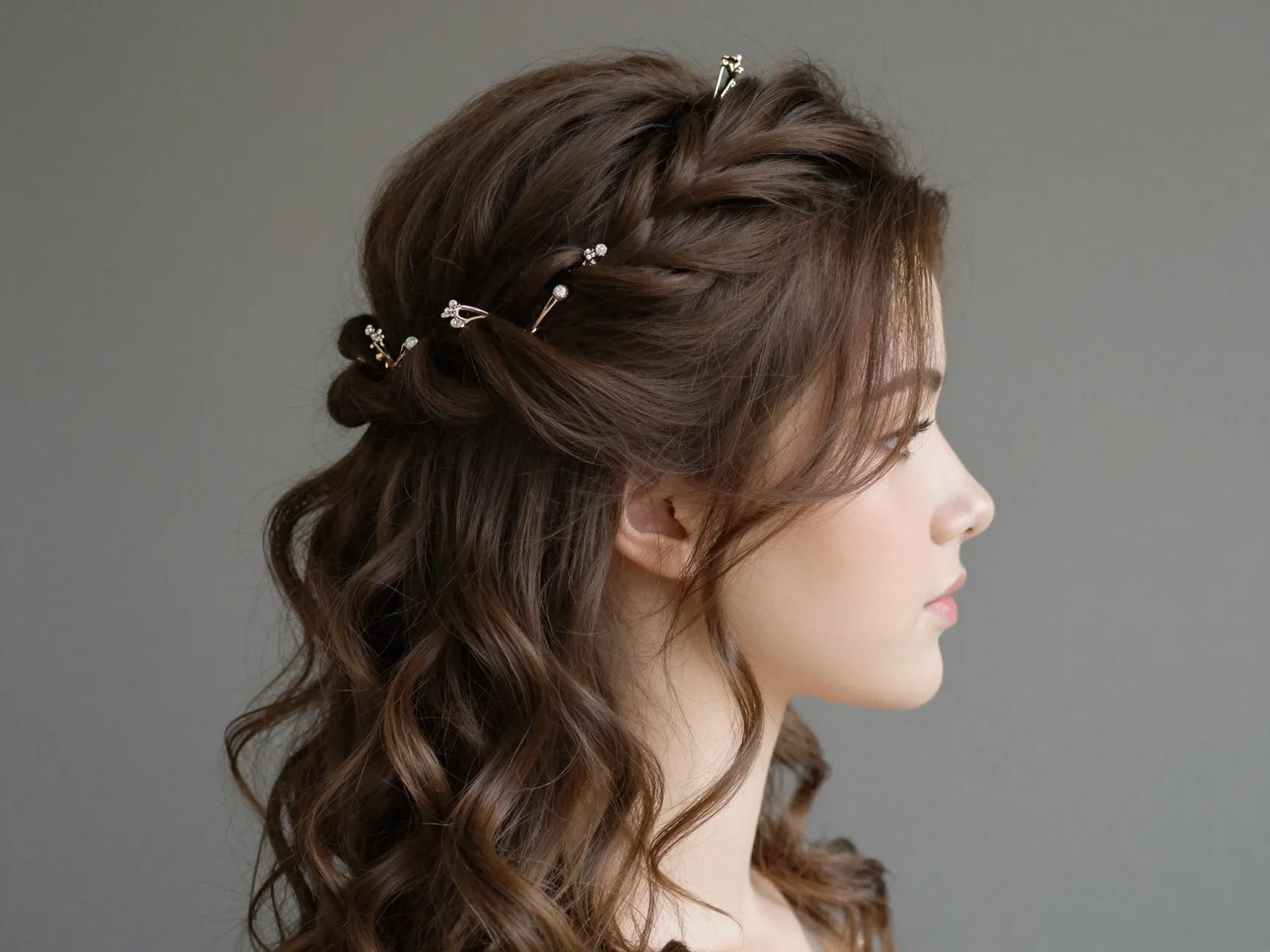 Regal half bun on gentle waves with decorative hair stick and loose curls