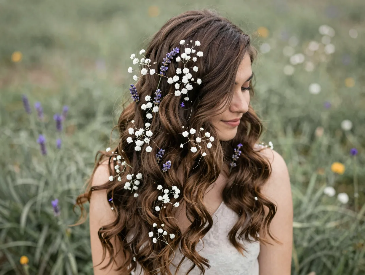 Boho waves with fresh floral accents woven throughout long hair