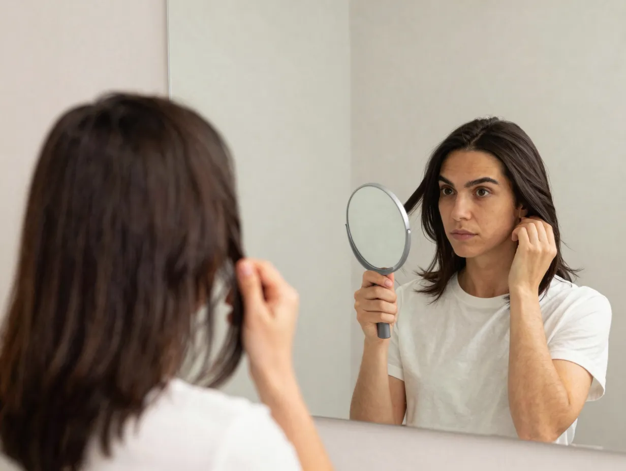 Checking hair balance in mirror with both sides forward