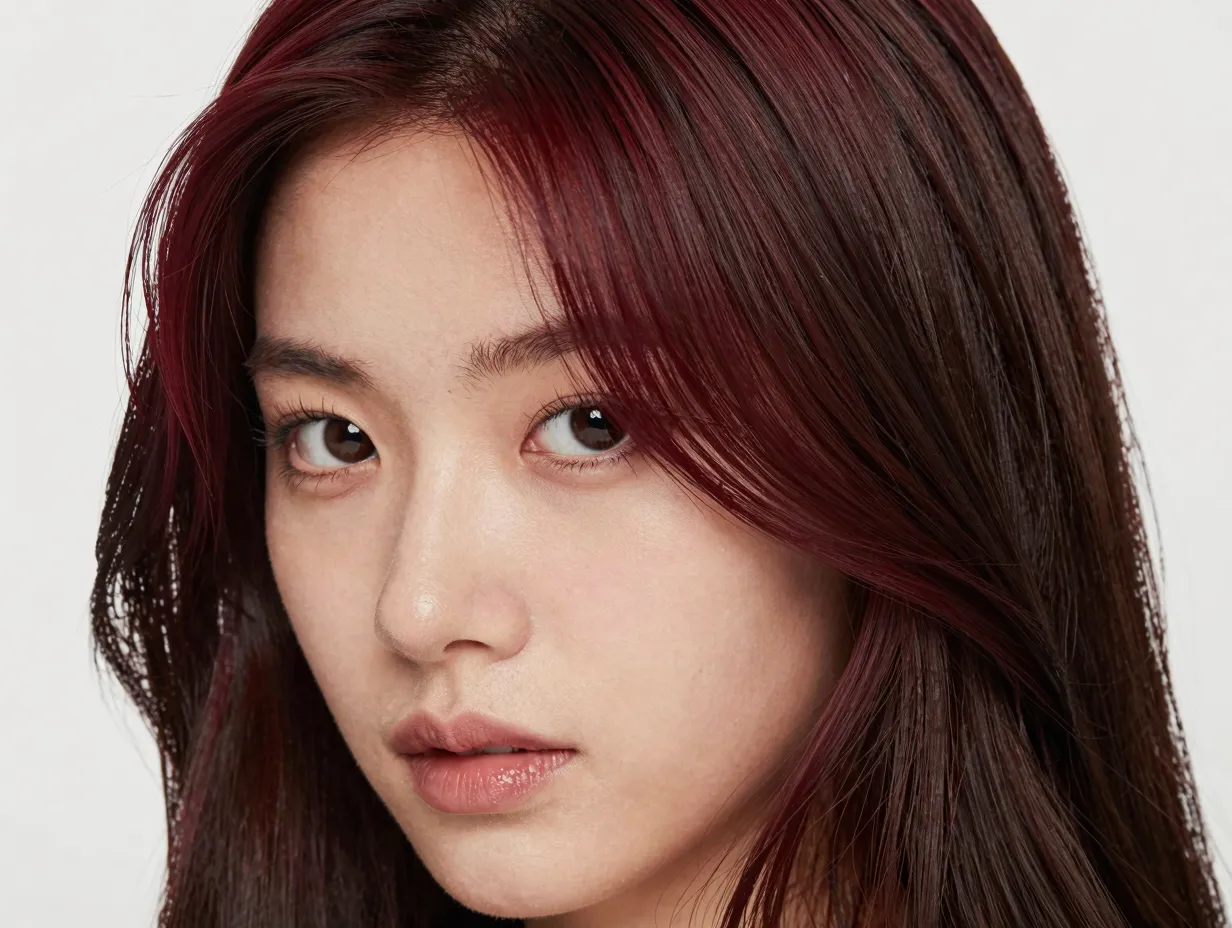 Face framing cherry chocolate highlights on dark base hair
