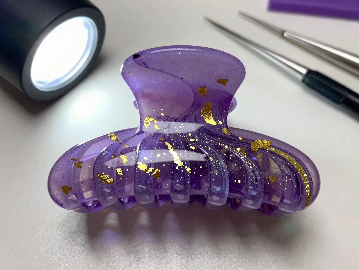 Glossy purple resin cast claw clip with gold leaf flakes and glitter swirl