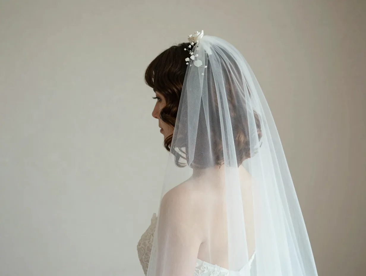 Pinned back wavy bob with a cathedral length veil attached