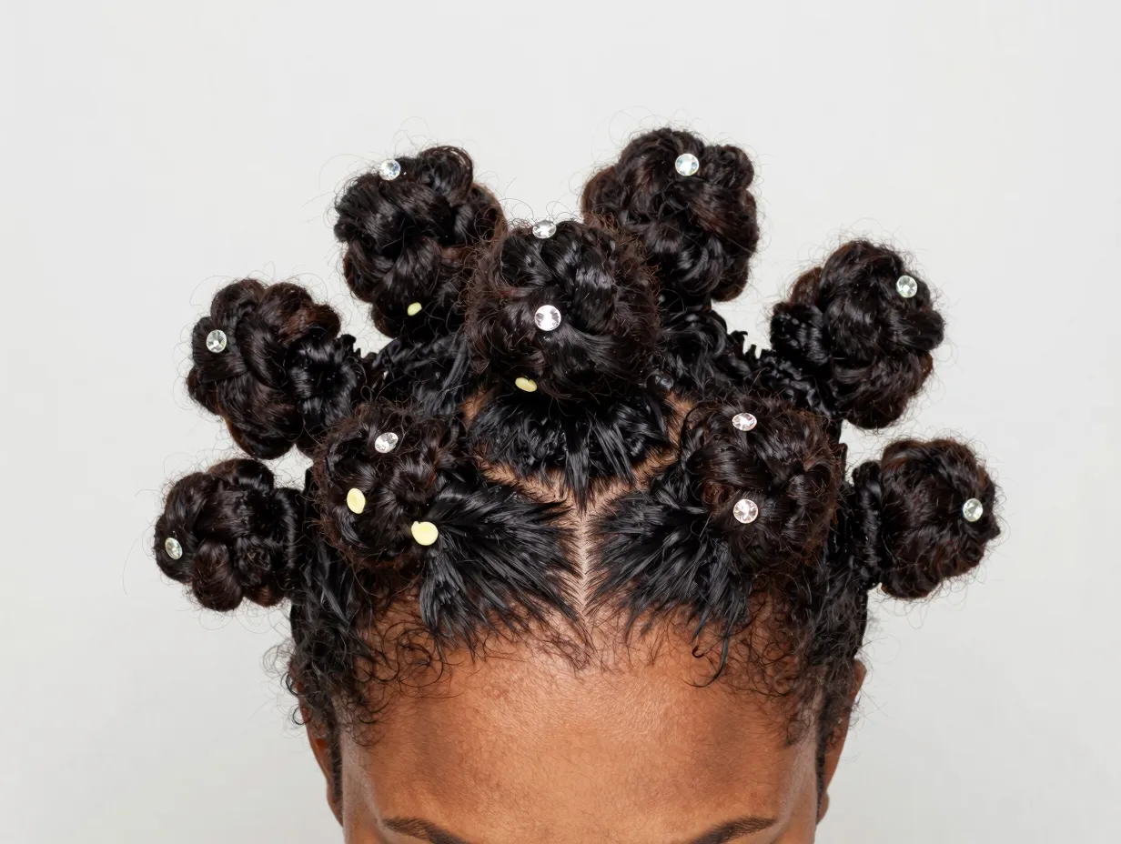 Playful bantu knot crown arranged in halo with small gem pins