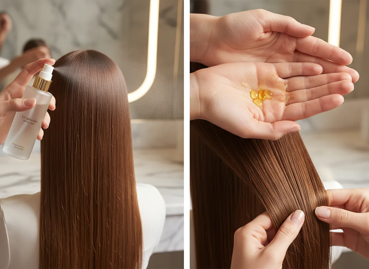 Shine spray mist hair oil drops applied to ends only