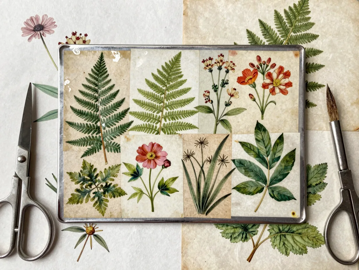 Decoupaged vintage botanical illustration collage on a flat metal barette