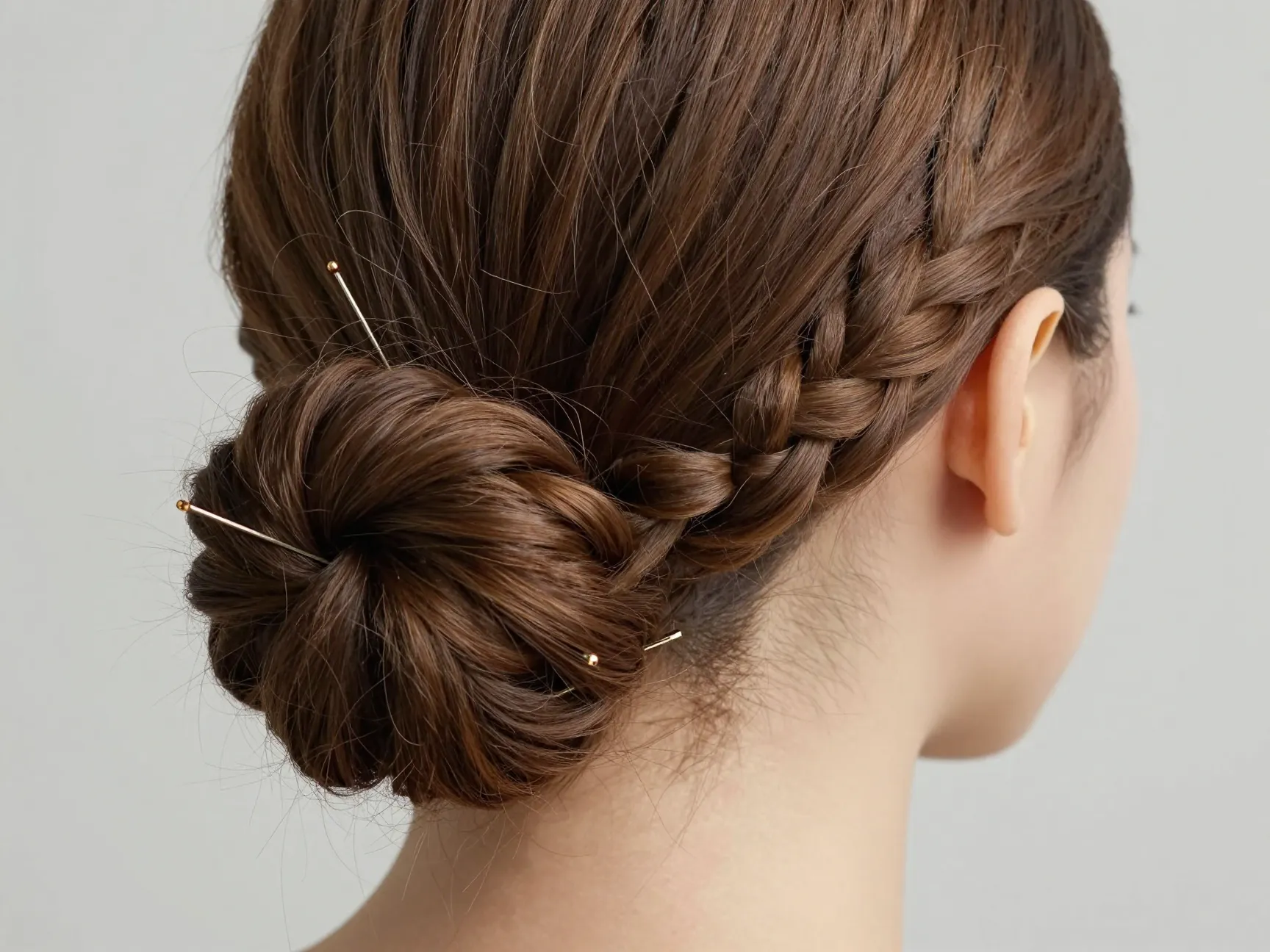 Low braid bun coiled at nape with bobby pins