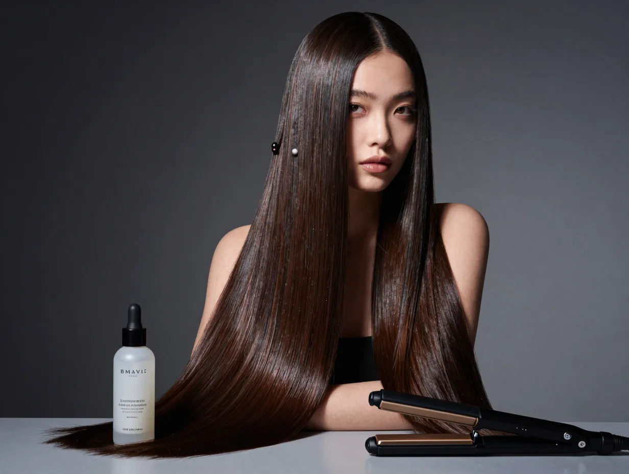 Sleek straight hair with high gloss finish and a deep side part