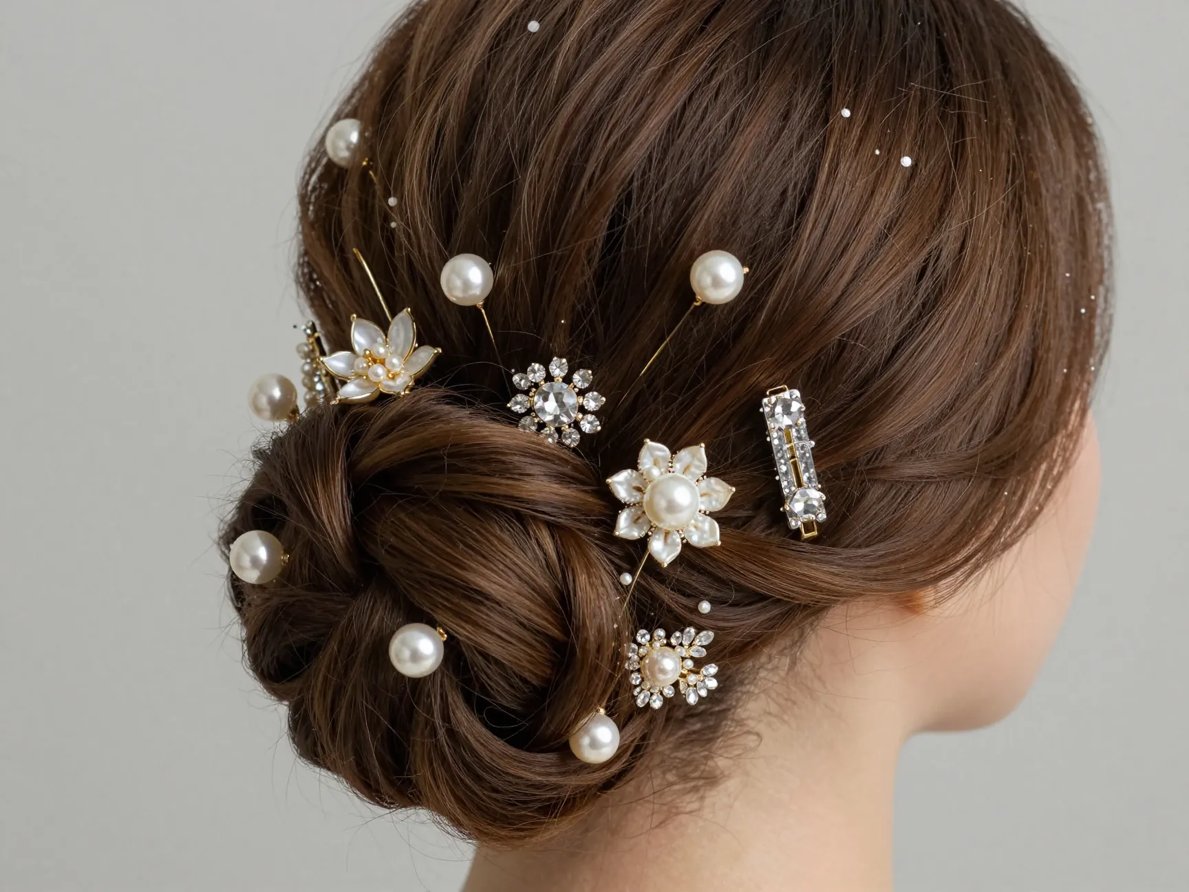 Structured embellished bob updo with pearl pins and crystal clips