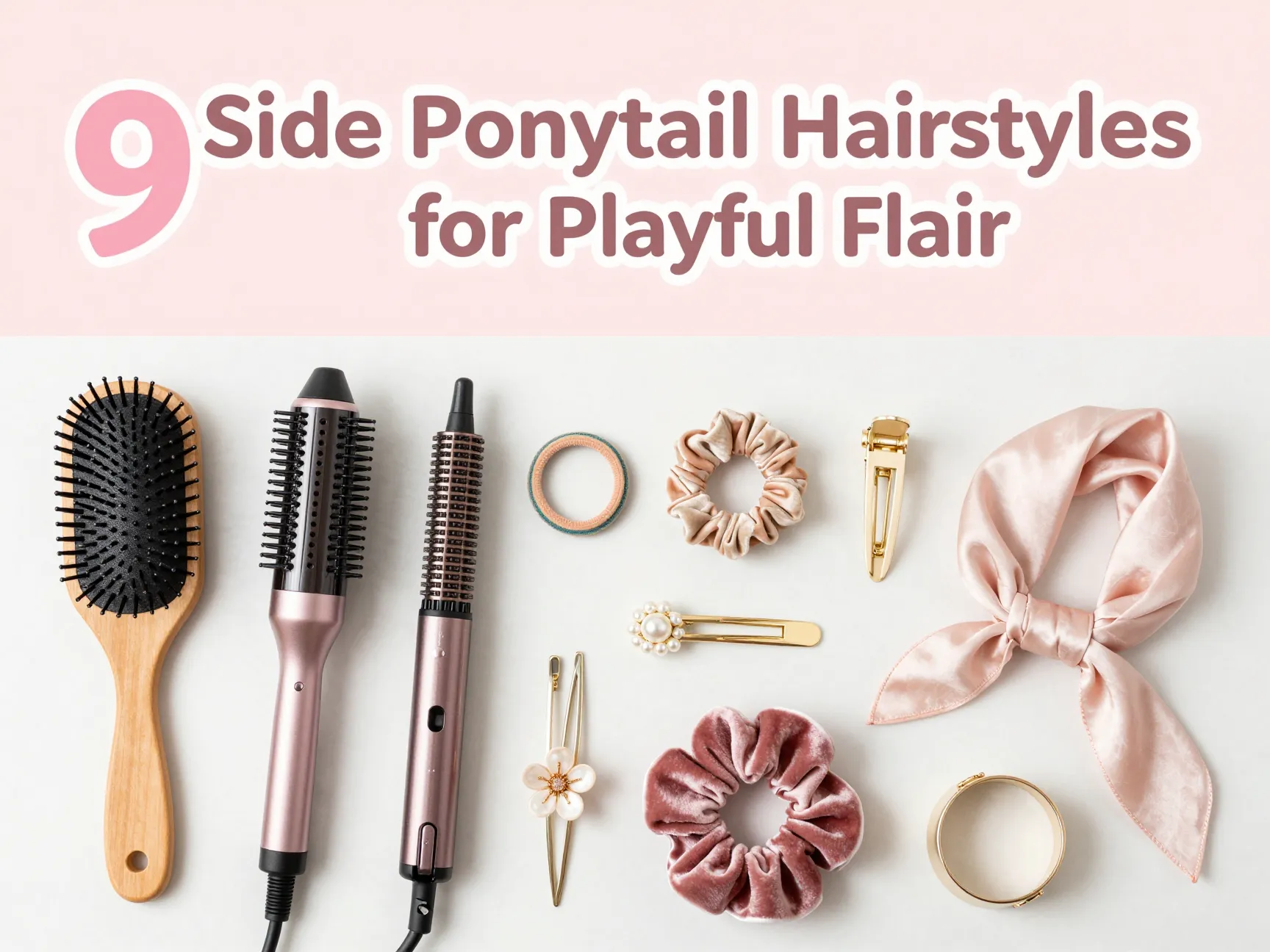 Playful side ponytail styles flat lay tools accessories marble