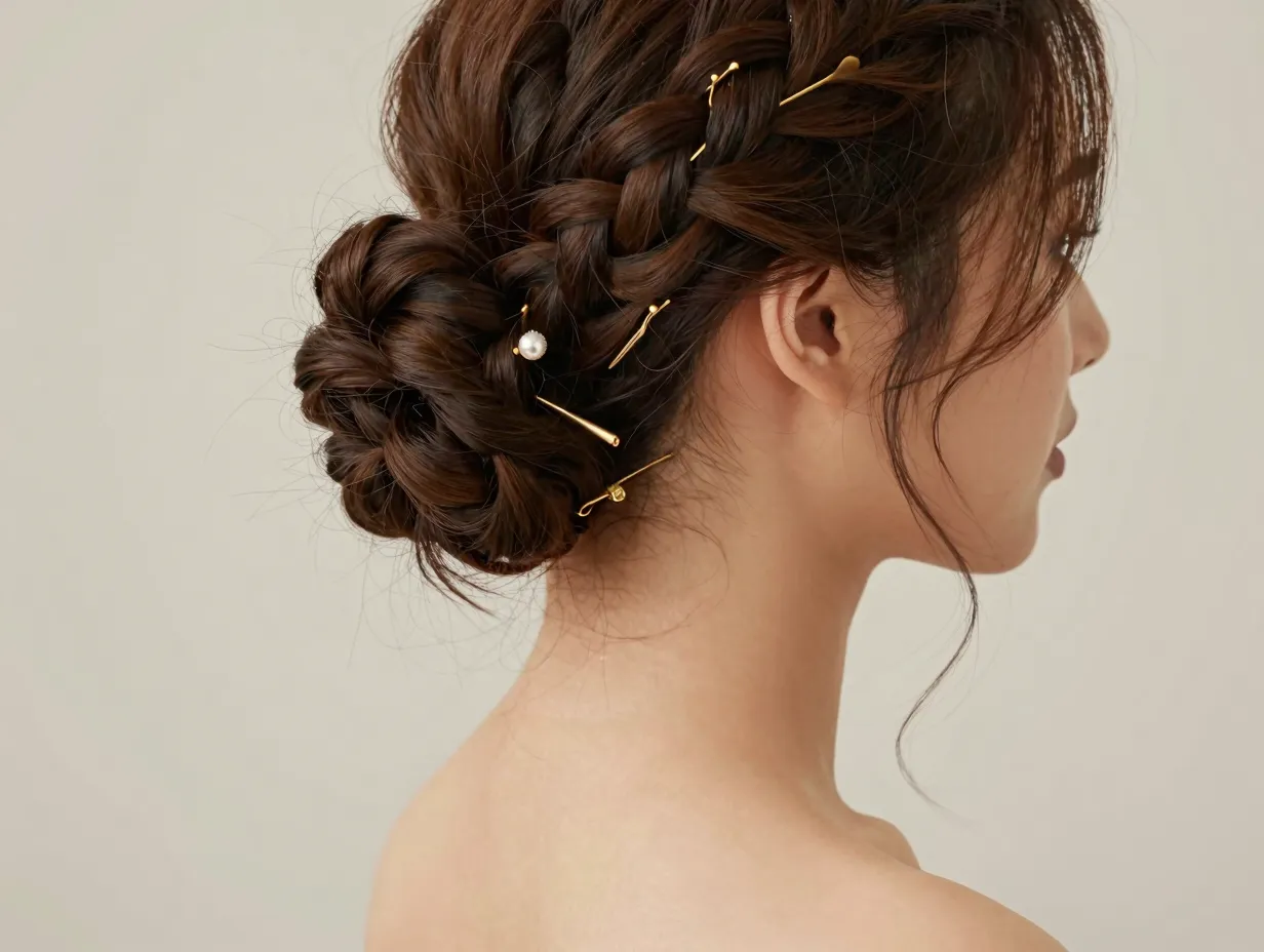Classic braided updo with gold pins on strapless gown model