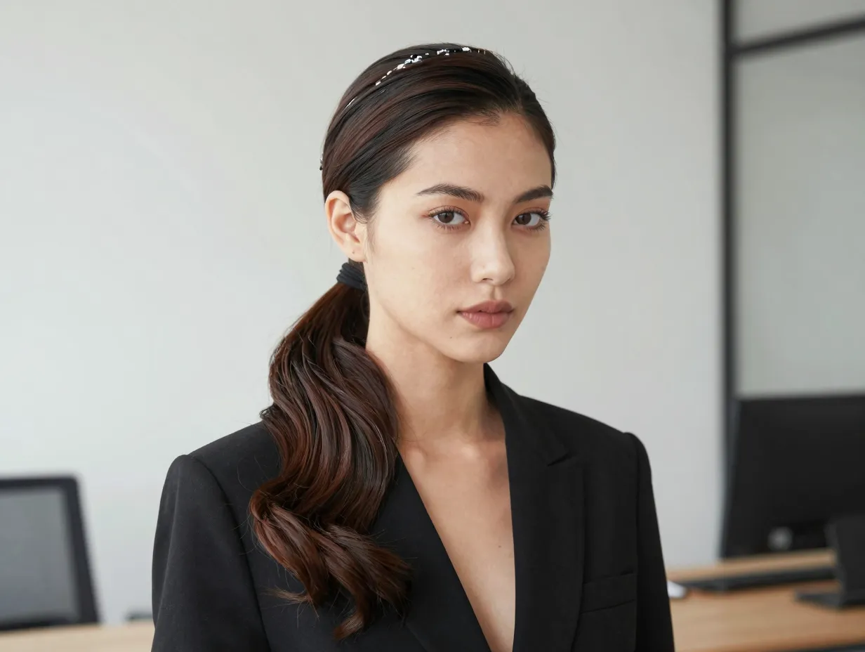 Sleek side ponytail woman in blazer minimalist chic office setting