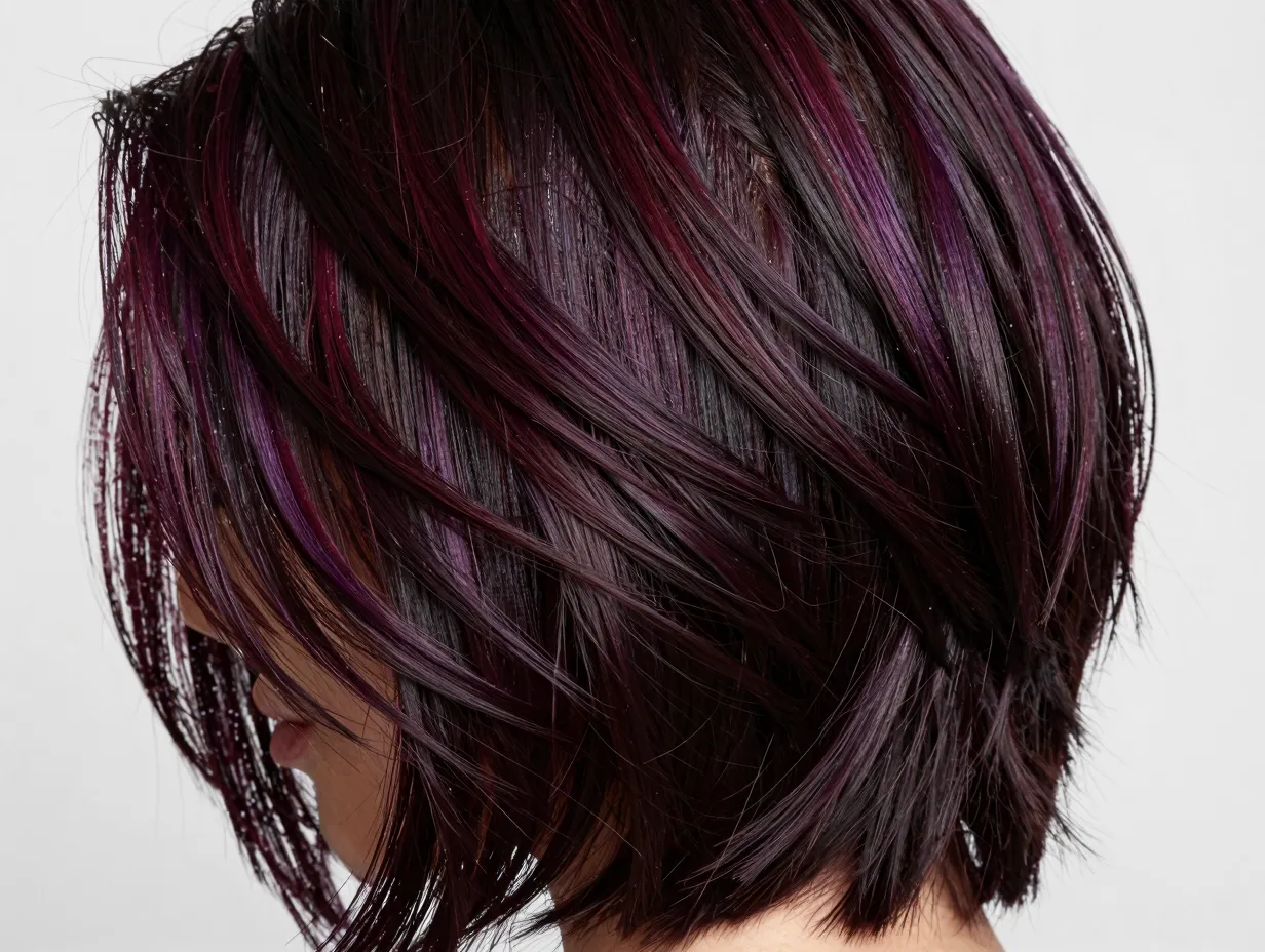 Black cherry brownie hair showcases deep violet cherry lowlights on dark base