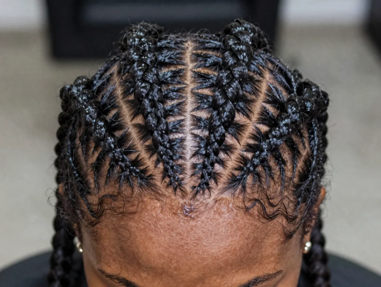 Artistic geometric zigzag parted cornrows glossy chunky braids