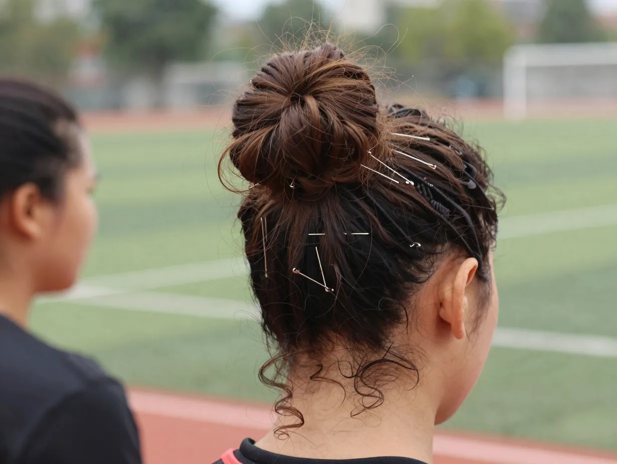 Curly top knot bun tucked securely with bobby pins