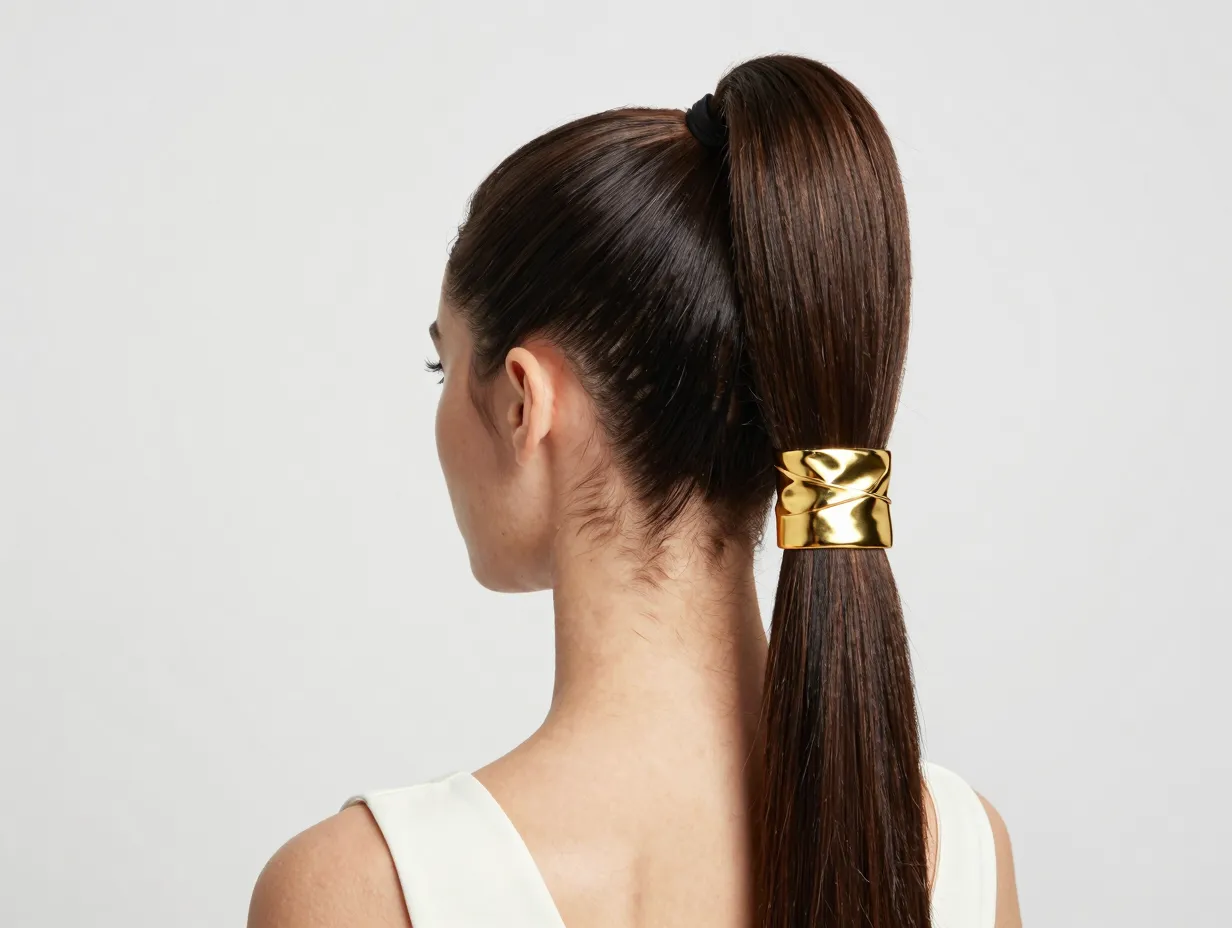 Sleek high gloss ponytail with gold cuff extension
