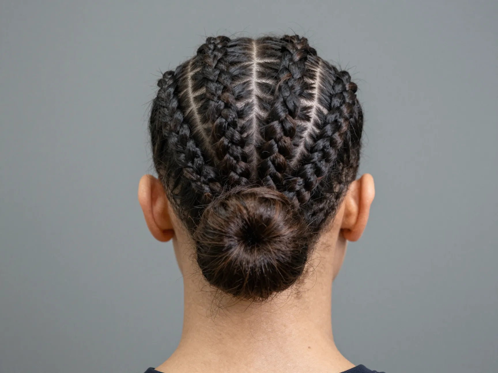 Cornrow updo with braids gathered into a central bun
