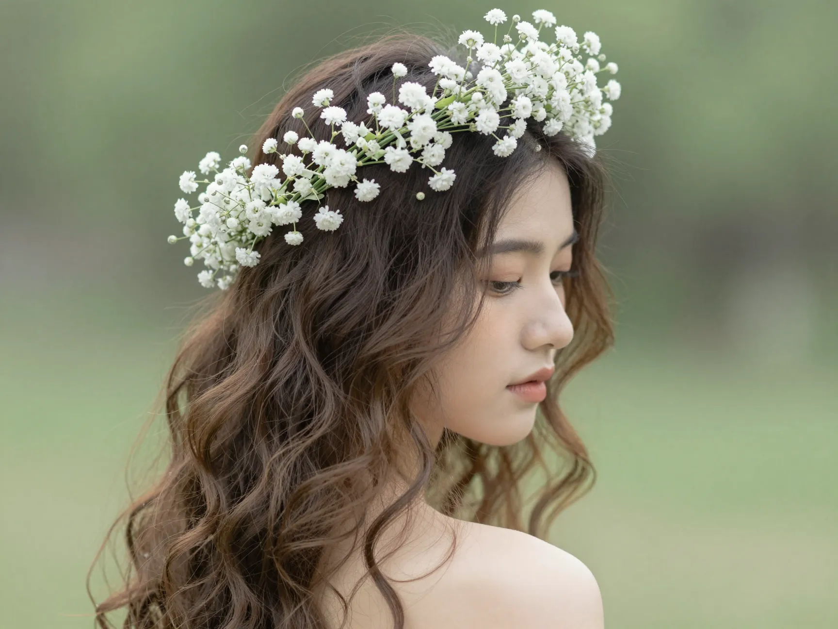 Floral crown half up hair with babys breath blooms