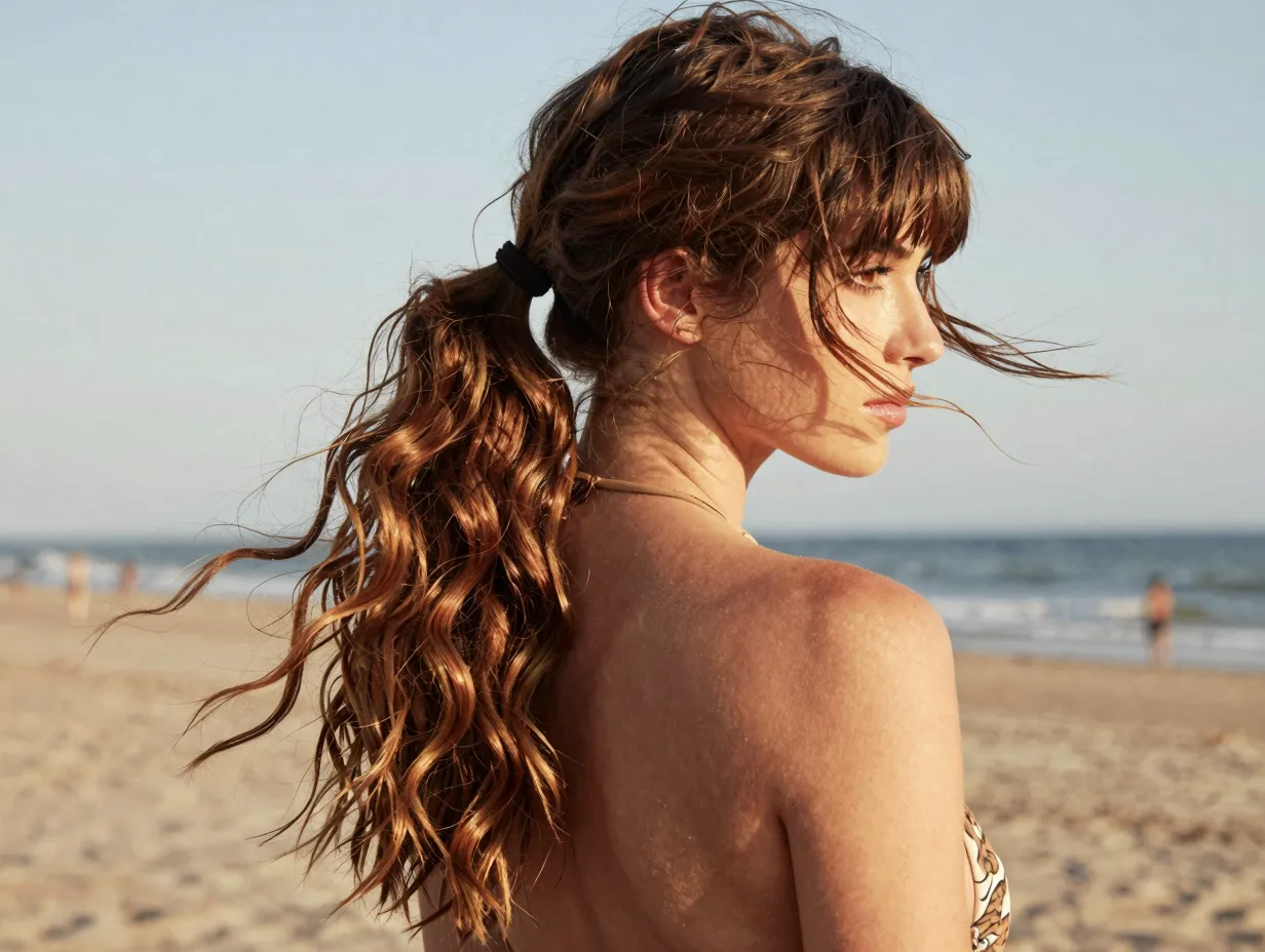 Mermaid side ponytail with cascading waves and fringe beach day hair