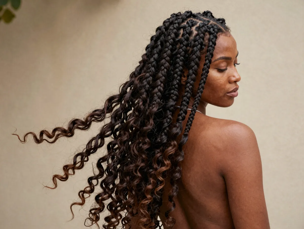 Romantic goddess cornrows chunky braids soft flowing curly ends