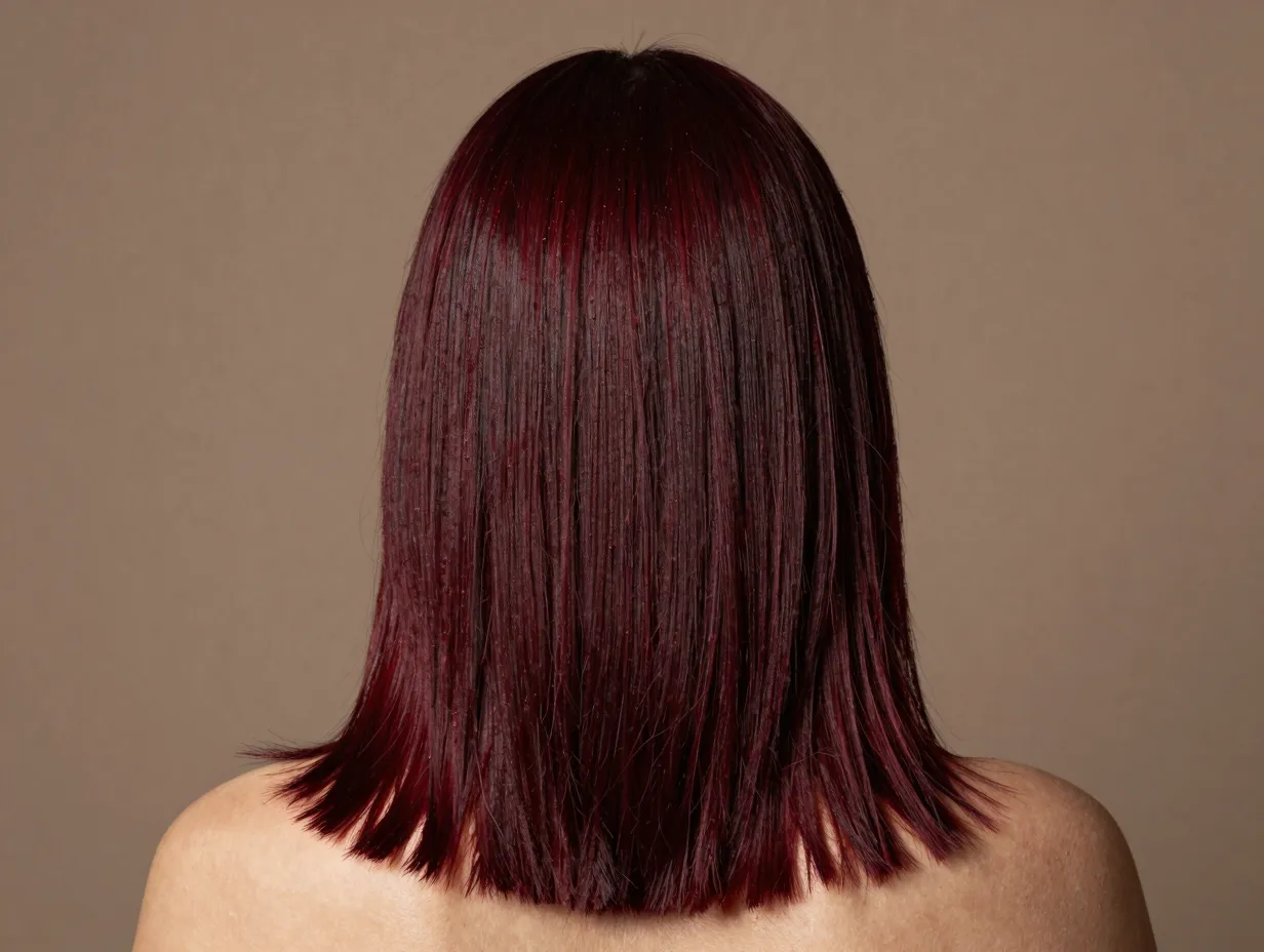 Burgundy brownie all over dark chocolate hair with rich burgundy red gloss