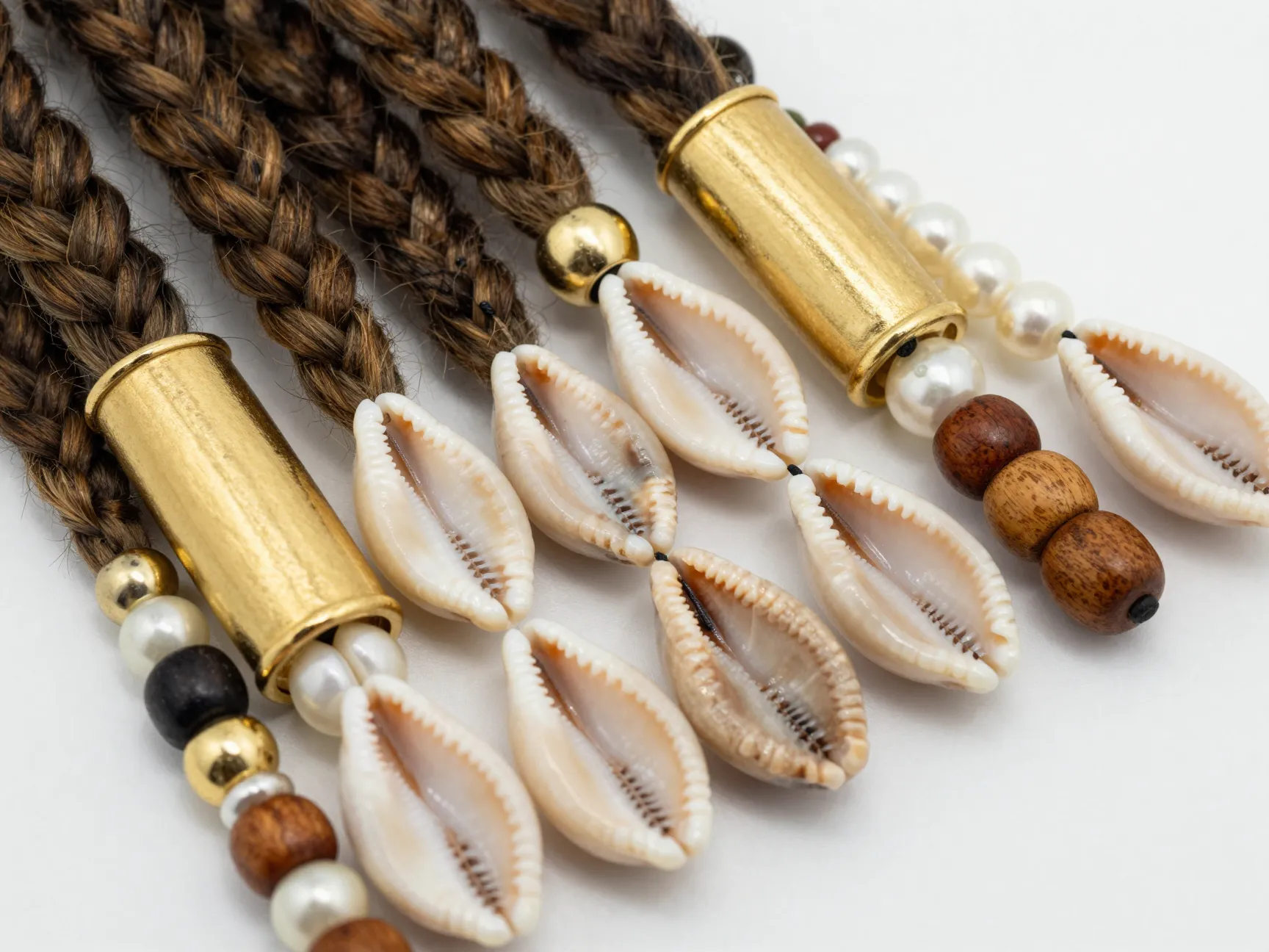 Fashion accessory cornrows large braids cowrie shells gold cuffs