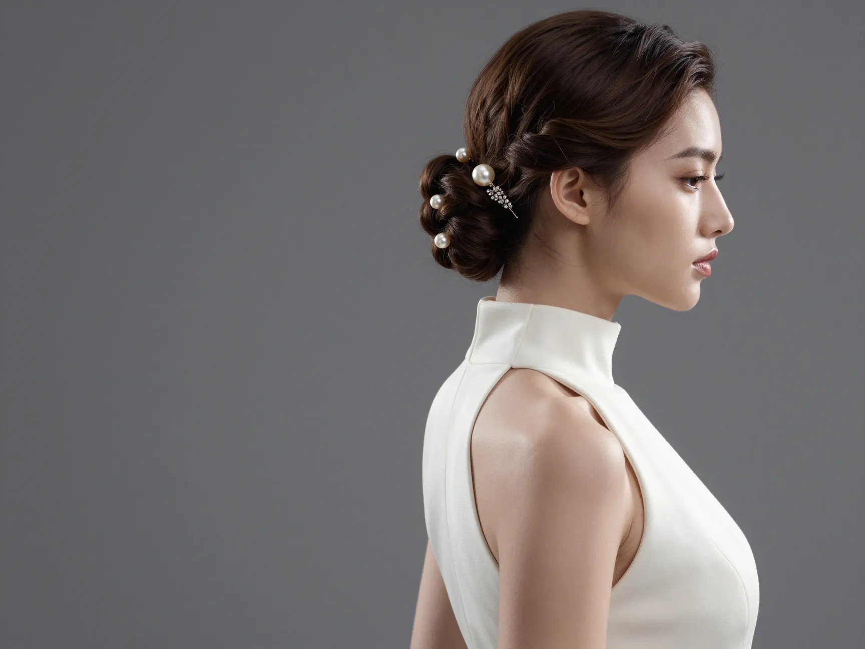 Twisted chignon with pearl pins high neck gown