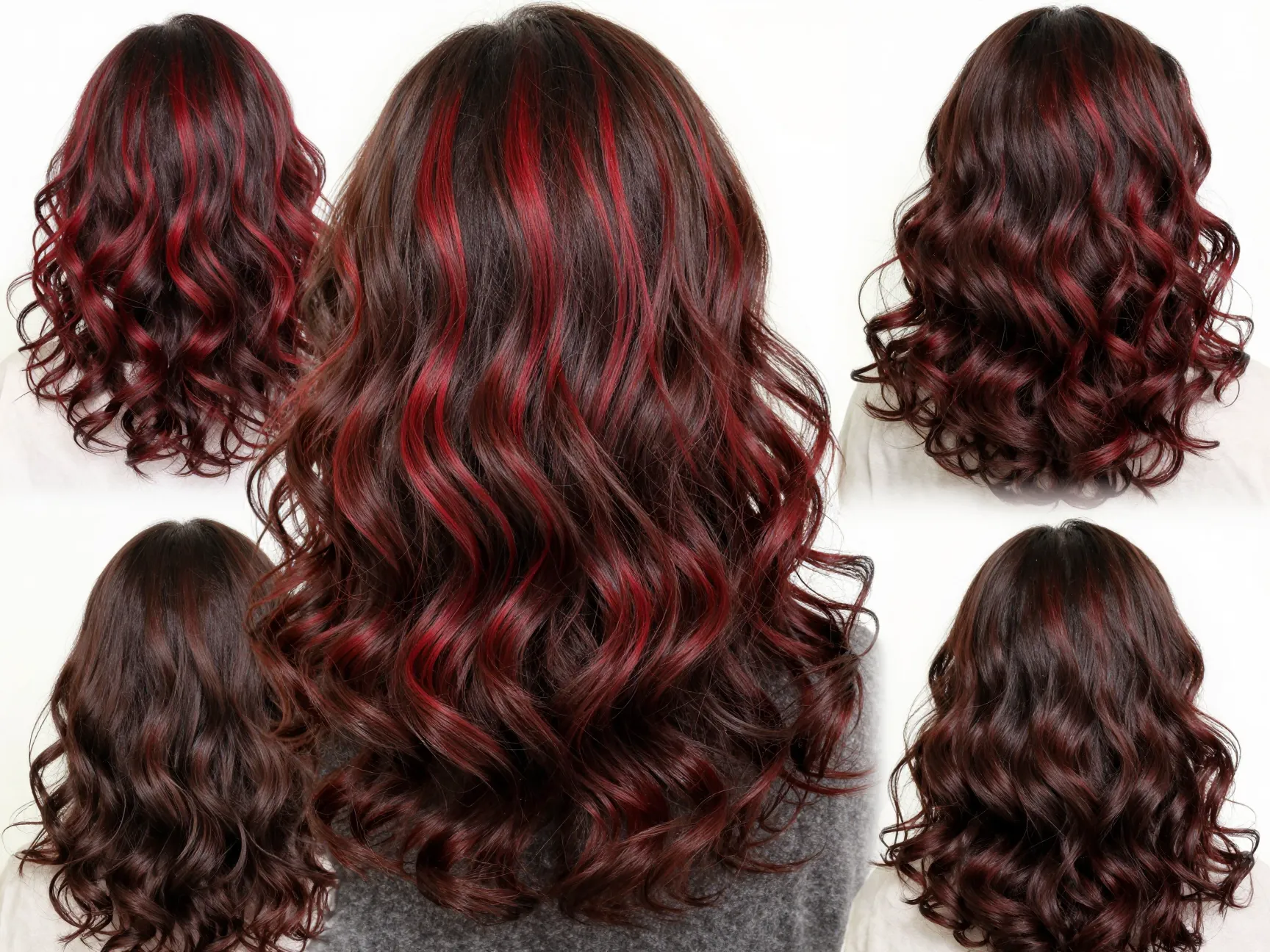 Cherry truffle dimensional hair with dark base and hand painted cherry red streaks
