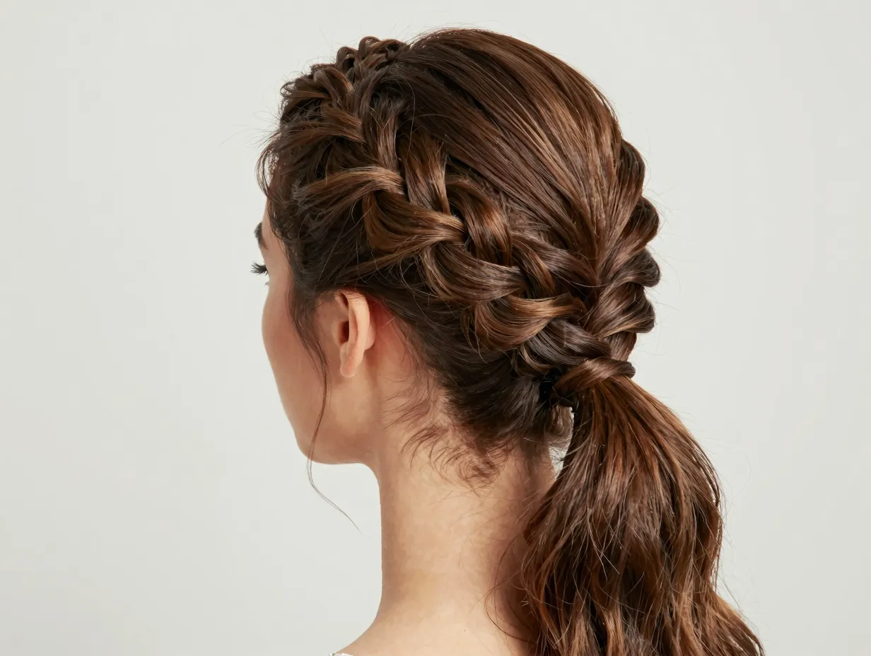Dutch braid side ponytail feminine polished style for formal wedding