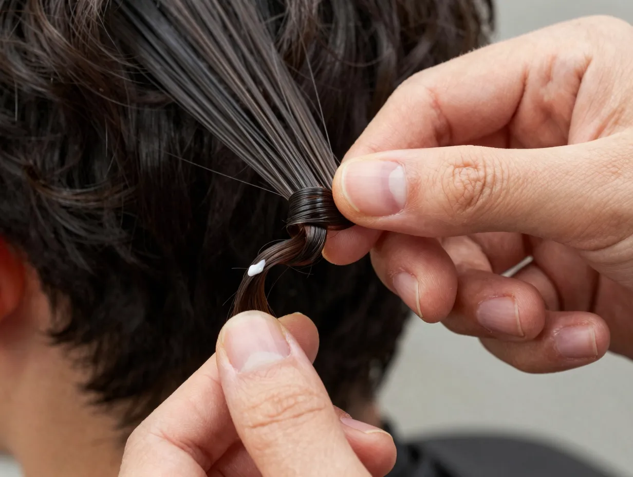 Finger coiling technique defining gel damp short curly hair sections