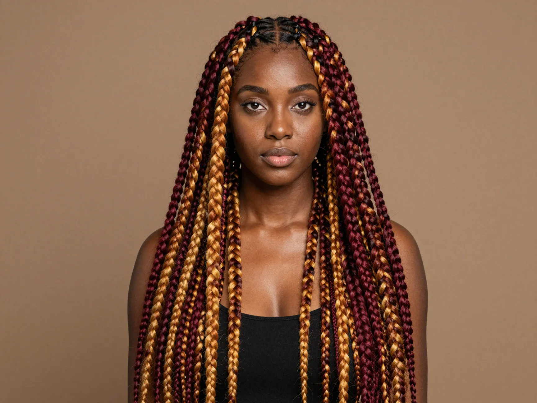 Vibrant burgundy honey blonde colored big cornrows braiding hair