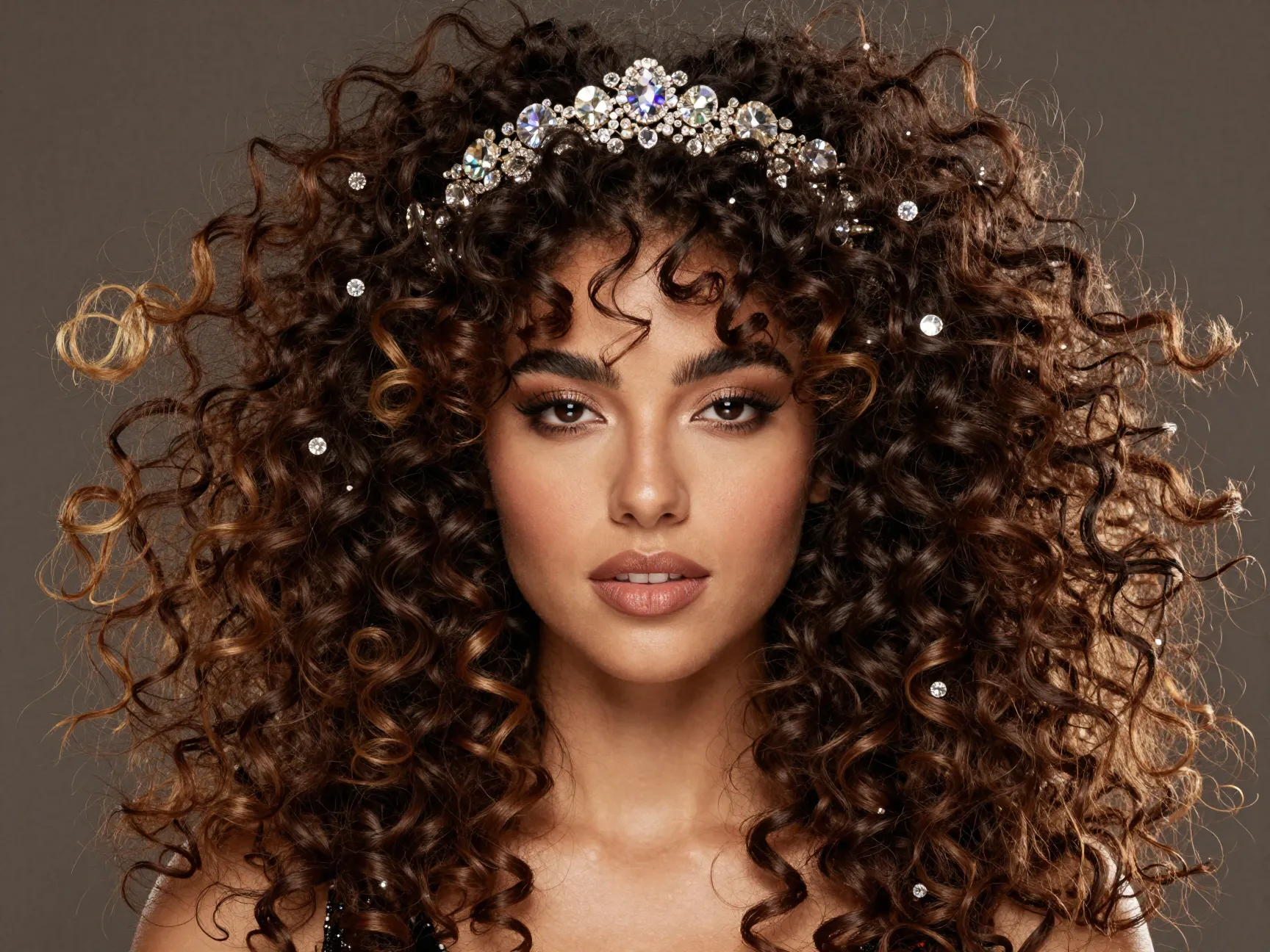 Voluminous curls with jeweled headband glamour