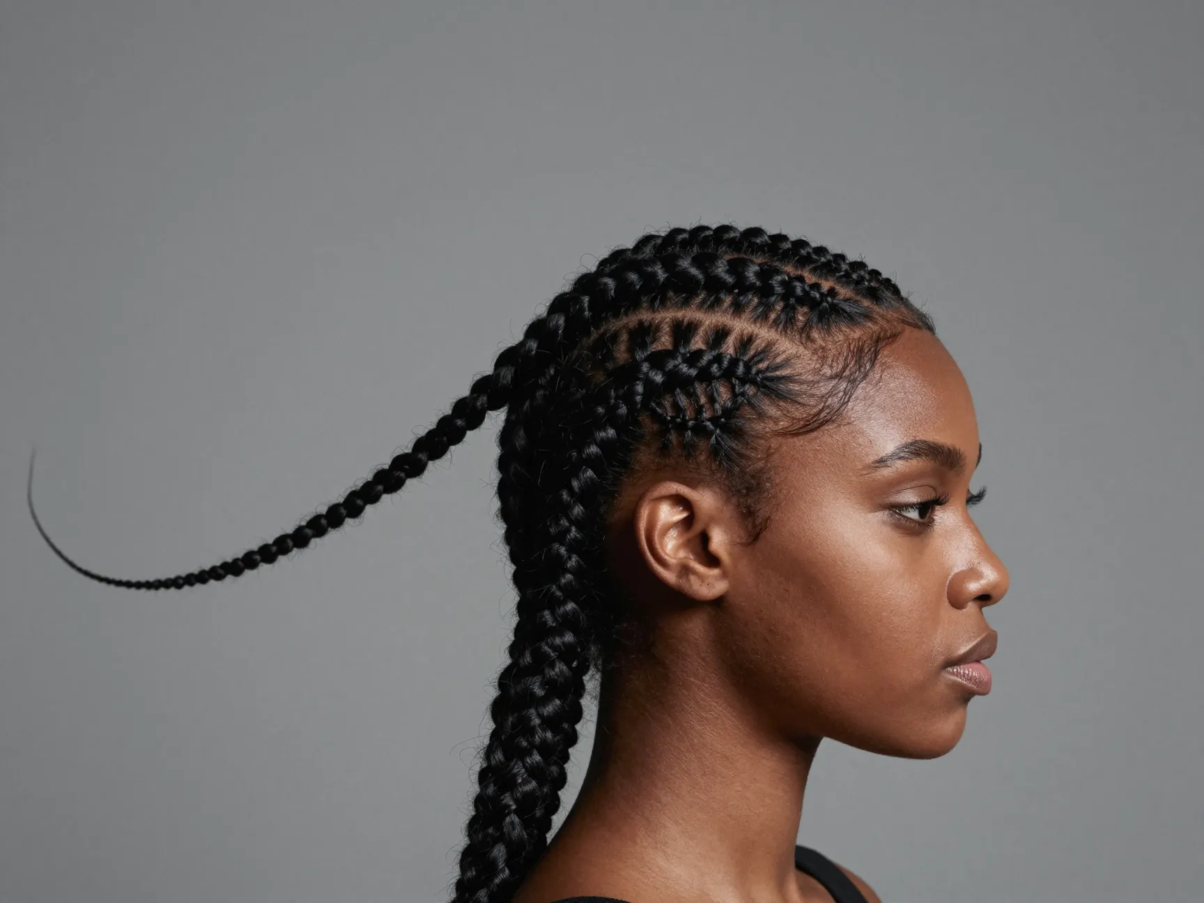 Dramatic asymmetrical side swept cornrows diagonal scalp flow